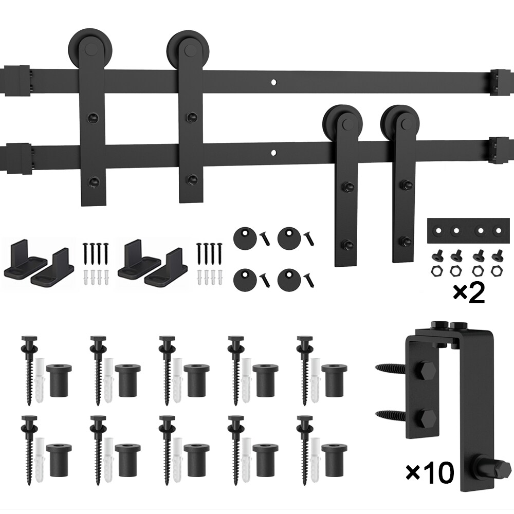 WINSOON 156-in Matte Black Indoor I-strap Double Bypass Barn Door ...