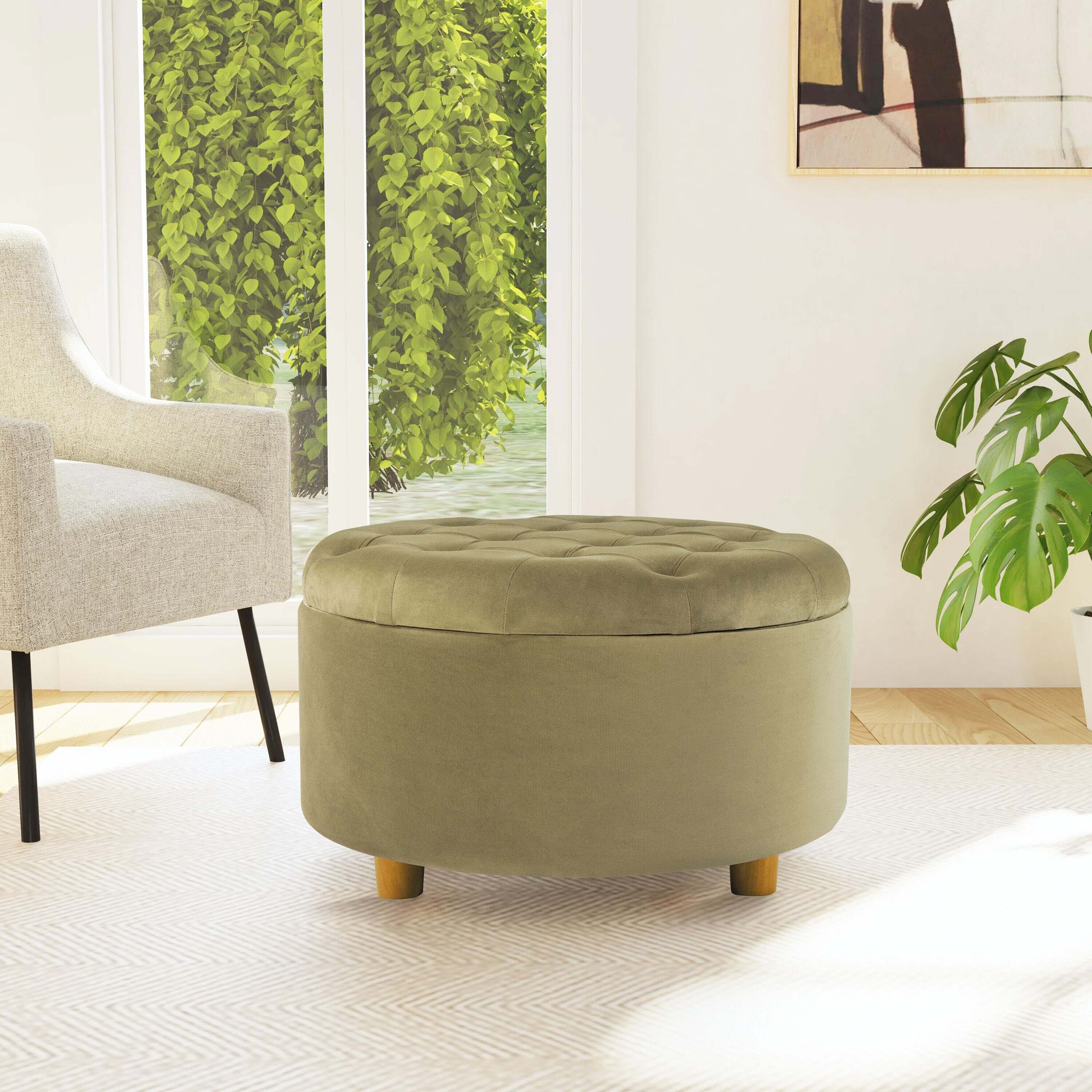 Sage Green Velvet Tufted Round Storage Ottoman