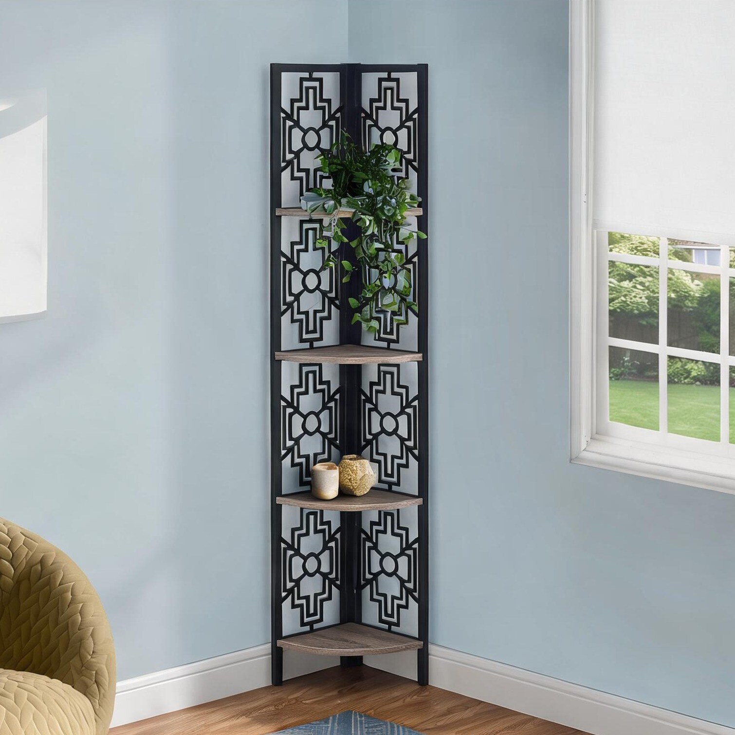 chillscreamni Beige-toned Wood and Black Metal 4-Tier Corner Etagere ...