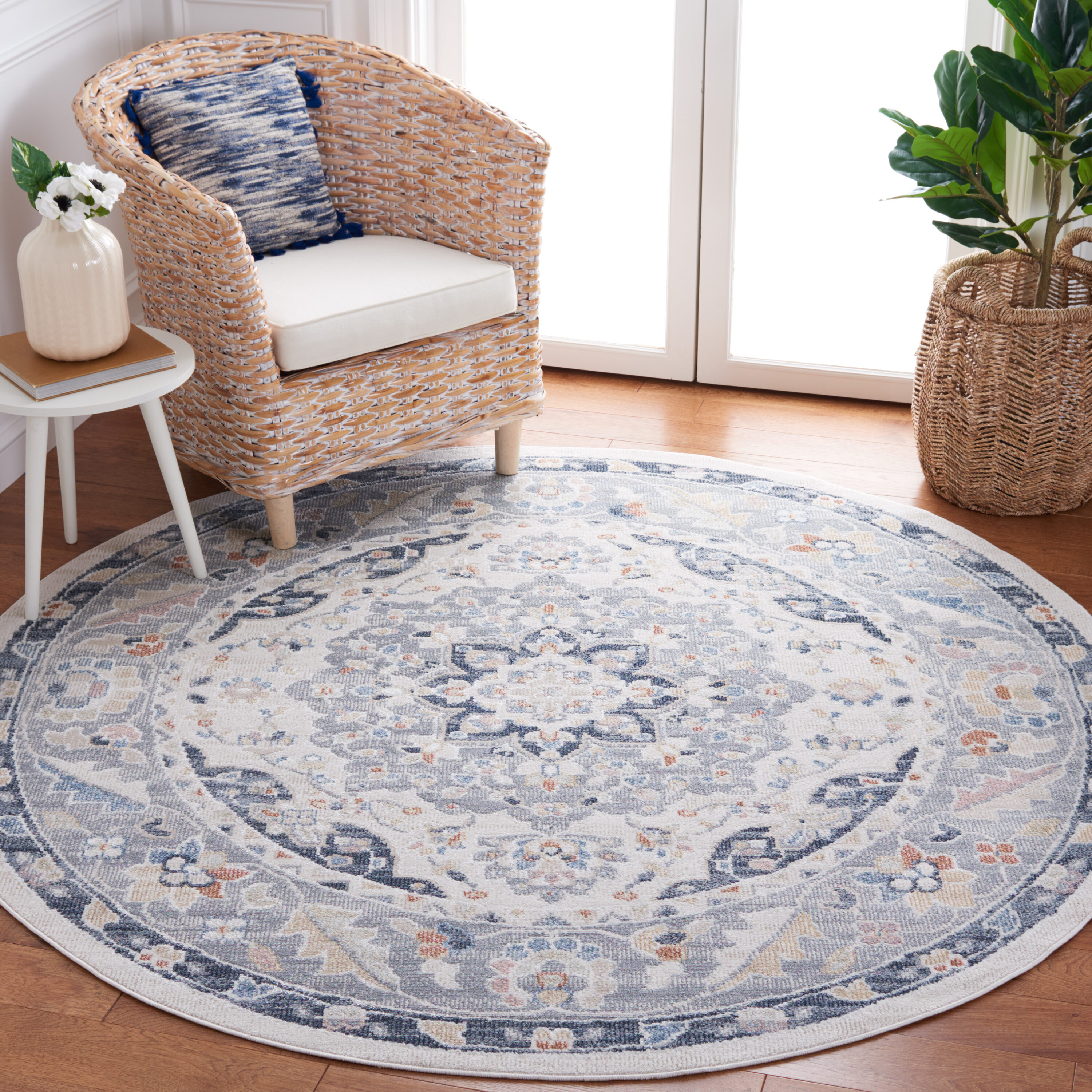 Safavieh - Blair Washable 204B Beige/Grey Navy 6ft-7in x 6ft-7in Round Rug