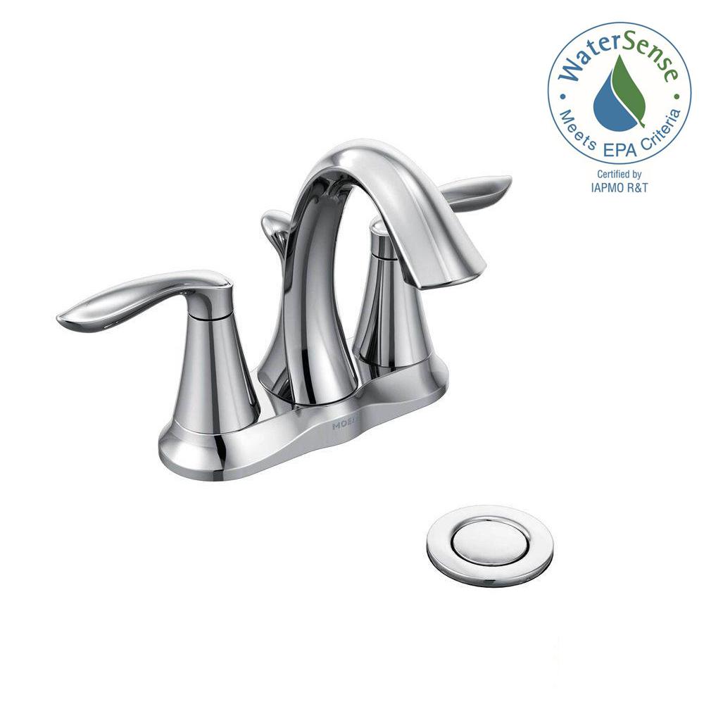Moen 710640 Eva Chrome 4-in centerset 2-handle WaterSense High-arc Residential Handle Bathroom Sink Faucet with Drain