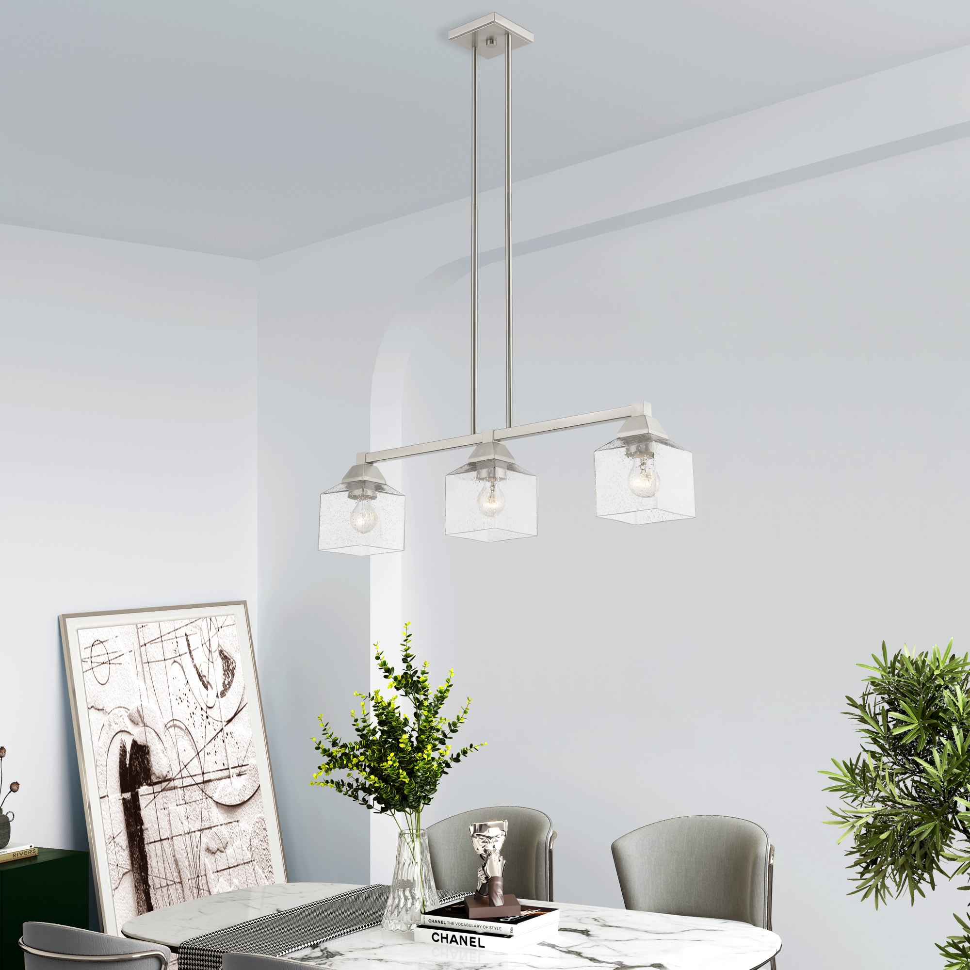 Aragon Brushed Nickel 3-Light Linear Chandelier with Clear Seeded Glass