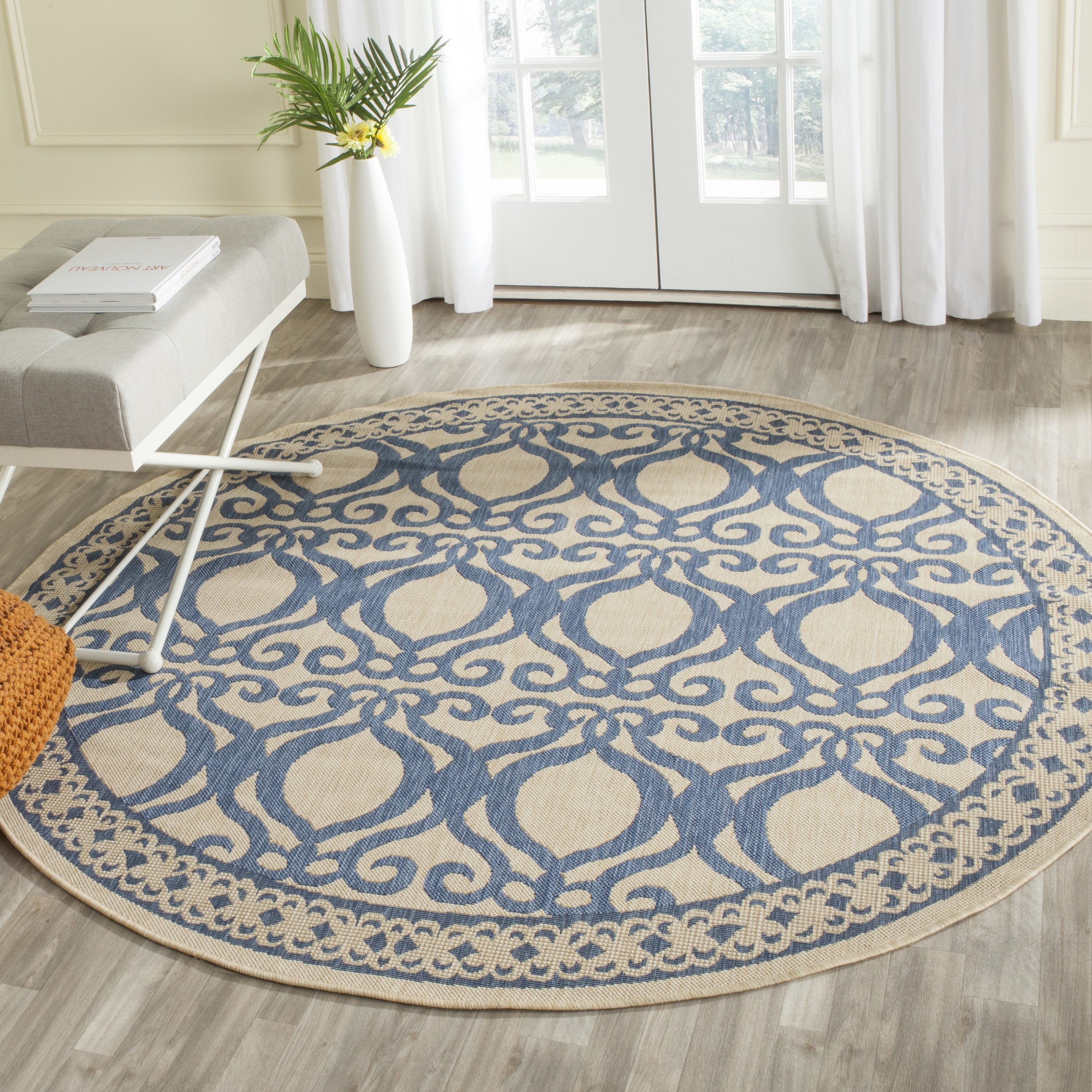 Safavieh CY3040-3101-5R Courtyard Catlin 5 x 5 (ft) Loomed Polypropylene Natural/Blue Round Indoor/Outdoor Abstract Area rug