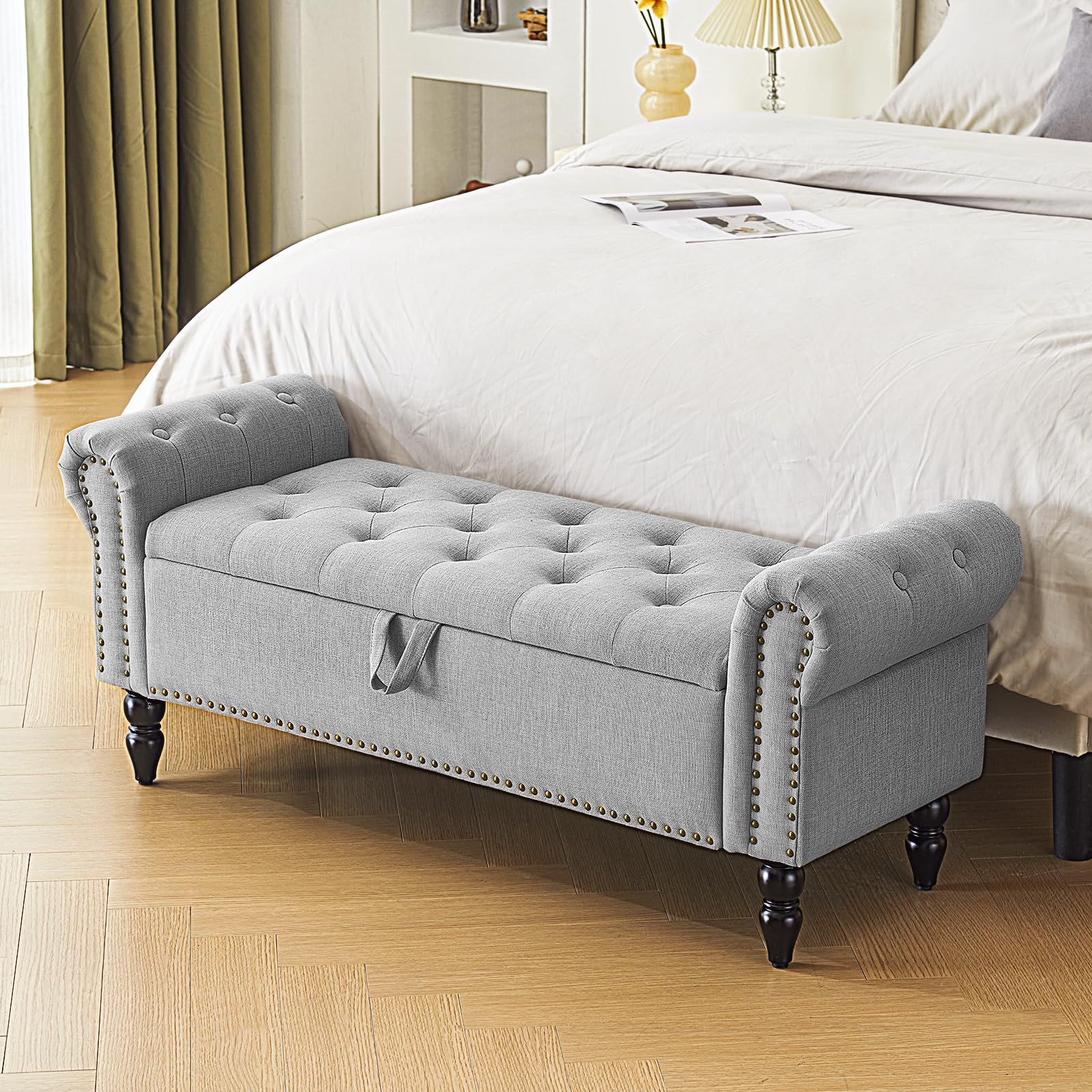 OMOMMD - Storage Bedroom Bench End of Bed Faux Linen Ottoman Rolled Arms 52 Inch 2.5 Cubic Feet