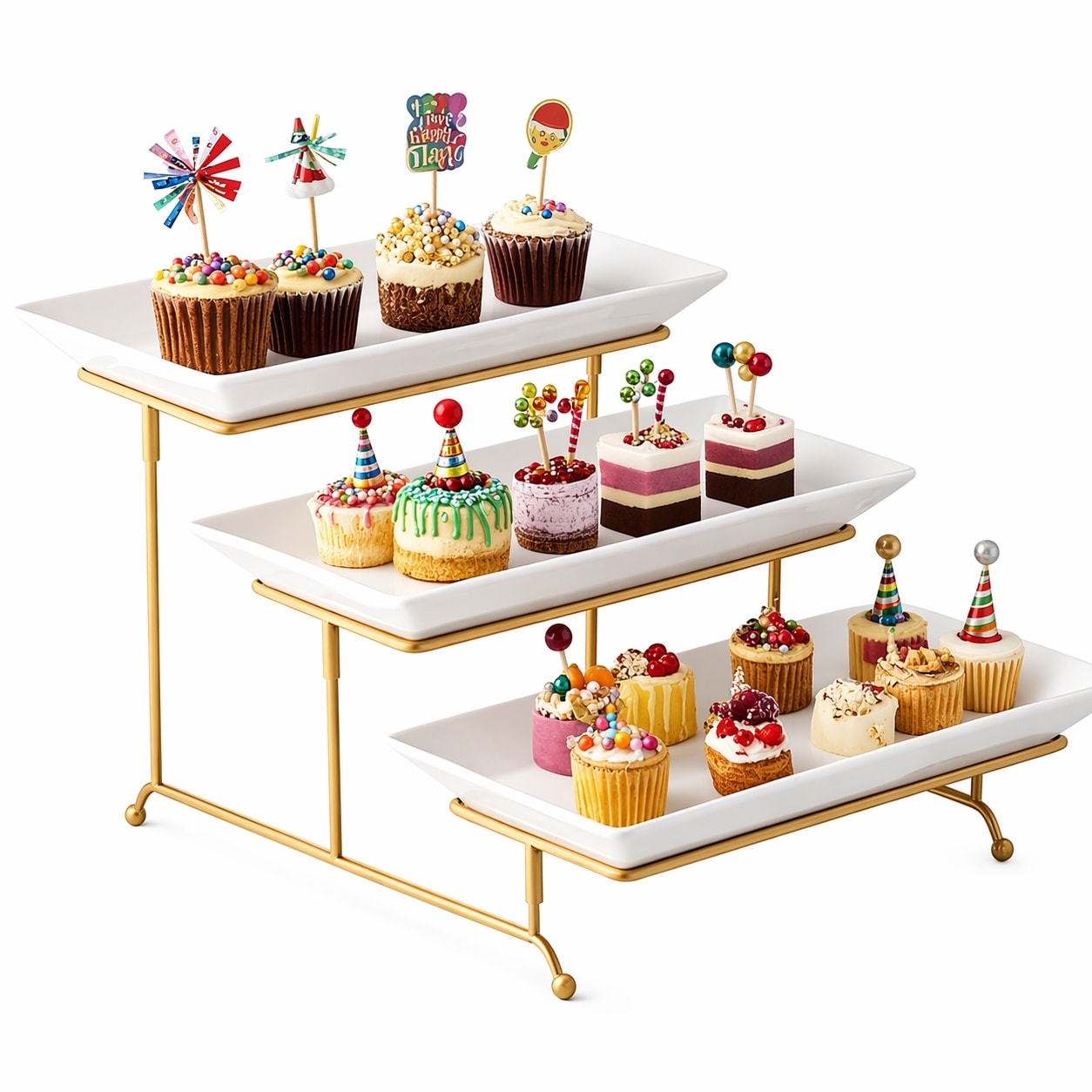 Aoibox  3 Tier Collapsible Gold Metal Serving Stand with 14 Inch White Porcelain Platters Set of 4 Pieces