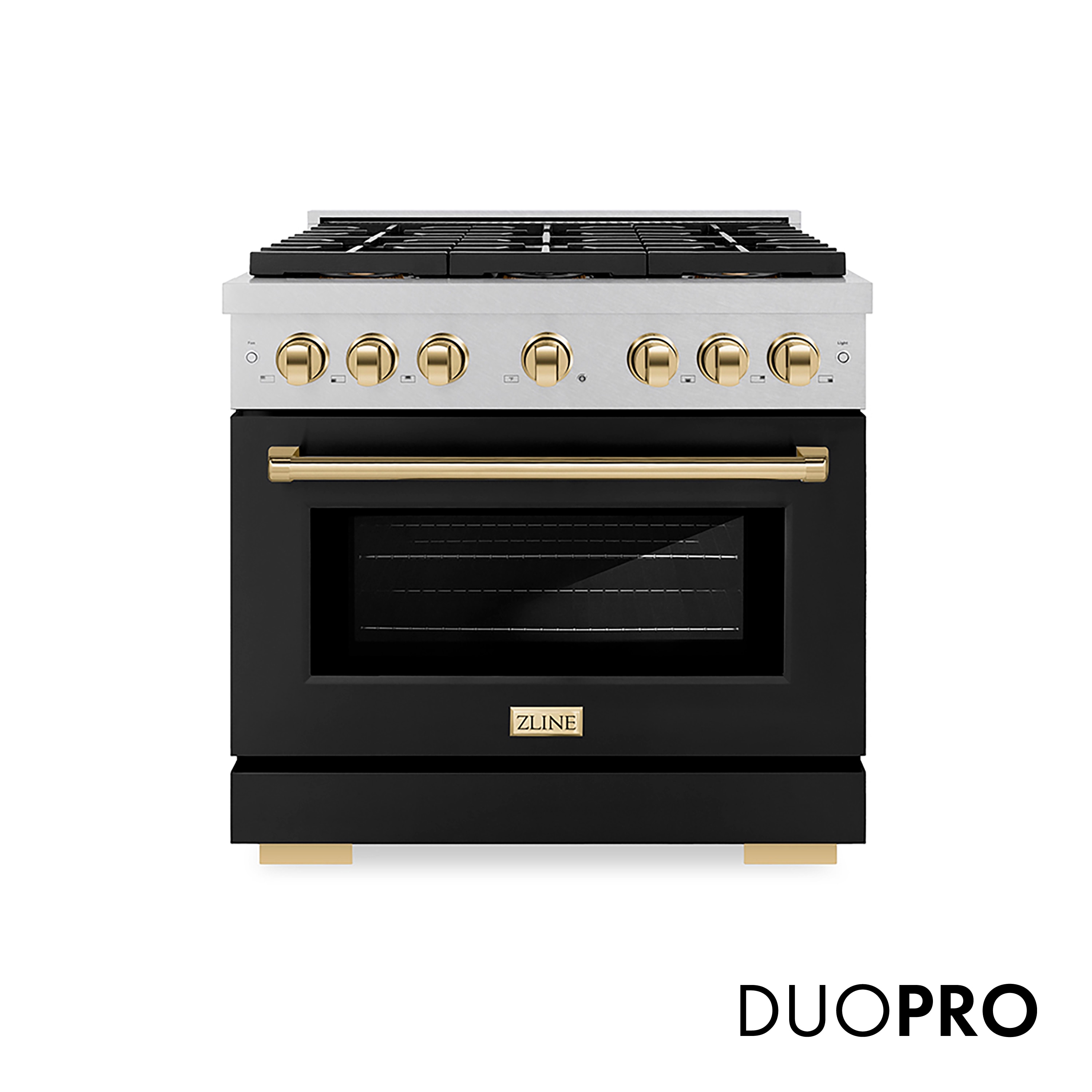 Paramount 36-in 6 burners 5.2-cu ft Convection Oven Freestanding Natural Gas Range ( Satin Stainless Steel, Black Matte Door, Polished Gold Accents )