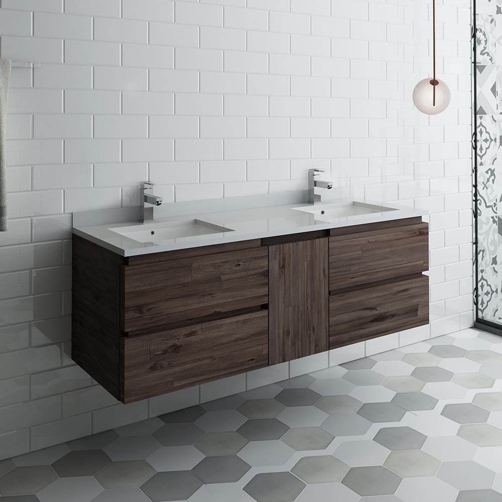 Acacia Wood 58" Wall Mounted Double Sink Bathroom Vanity Base