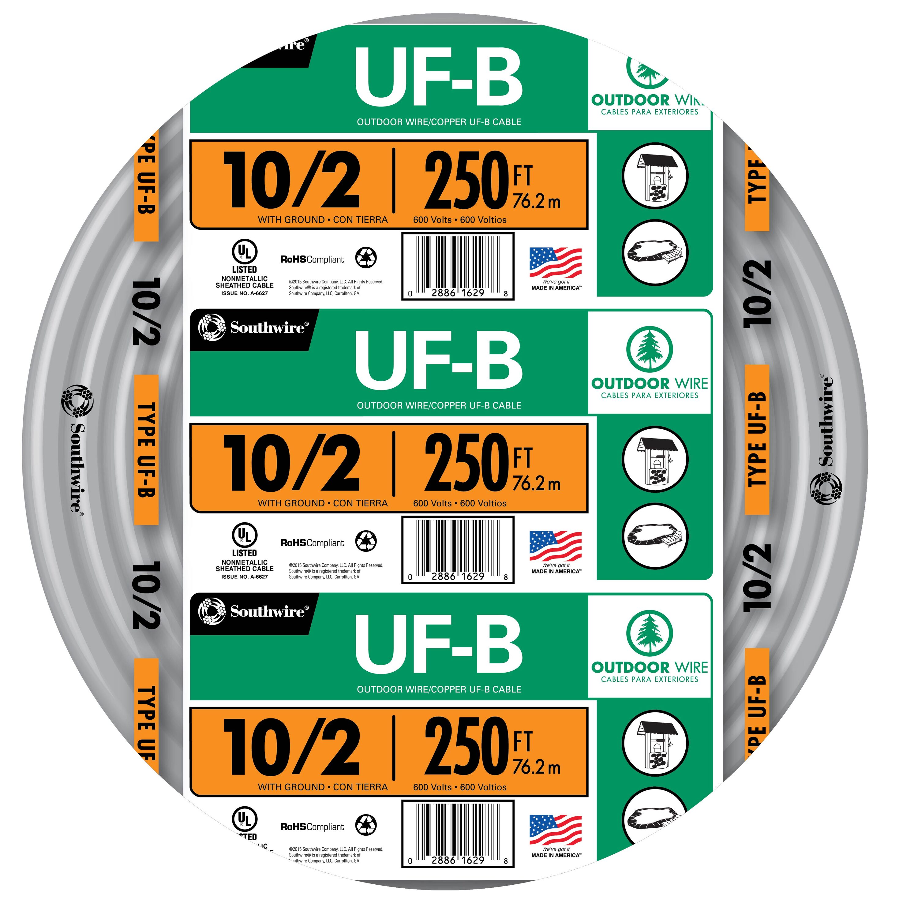Southwire 250-ft 10 / 2 Solid UF-B Wire W/G ( By-the-roll )