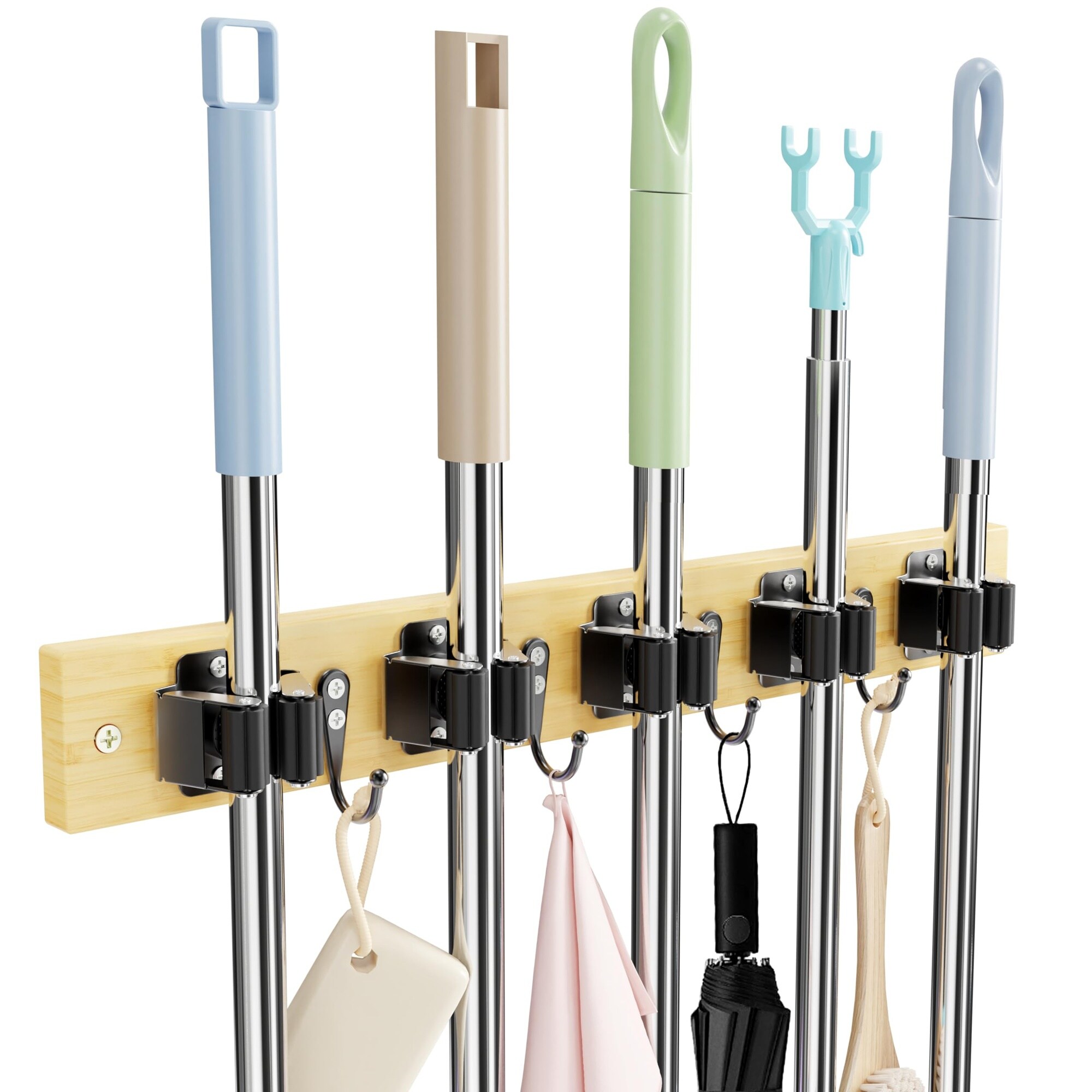 Ahfiwaso Bamboo wall mount broom and mop holder organizer with 5 slots and 4 hooks for garage laundry room kitchen closet garden durable bamboo iron