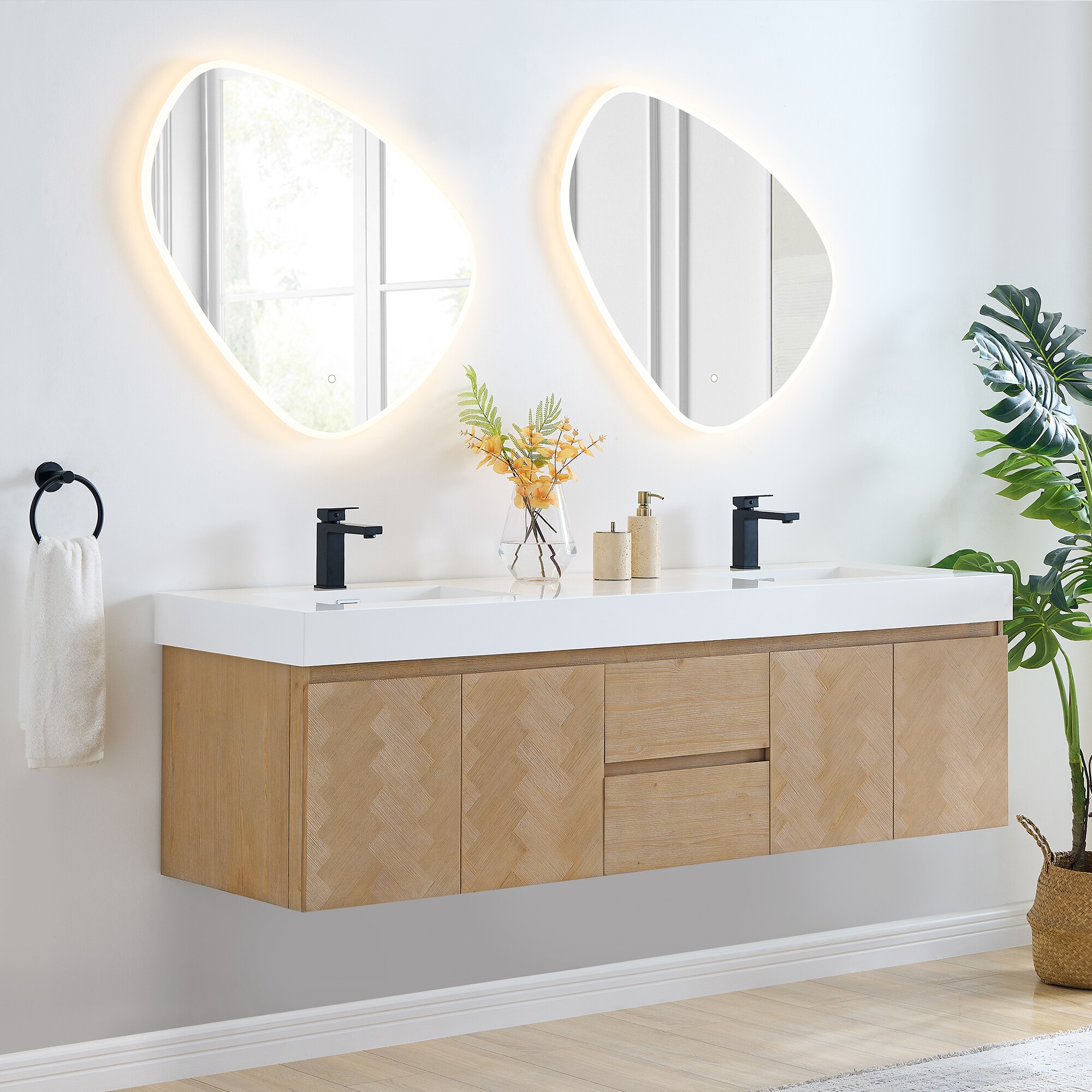 Floating double-sink bathroom vanity with light brown cabinet and white countertop