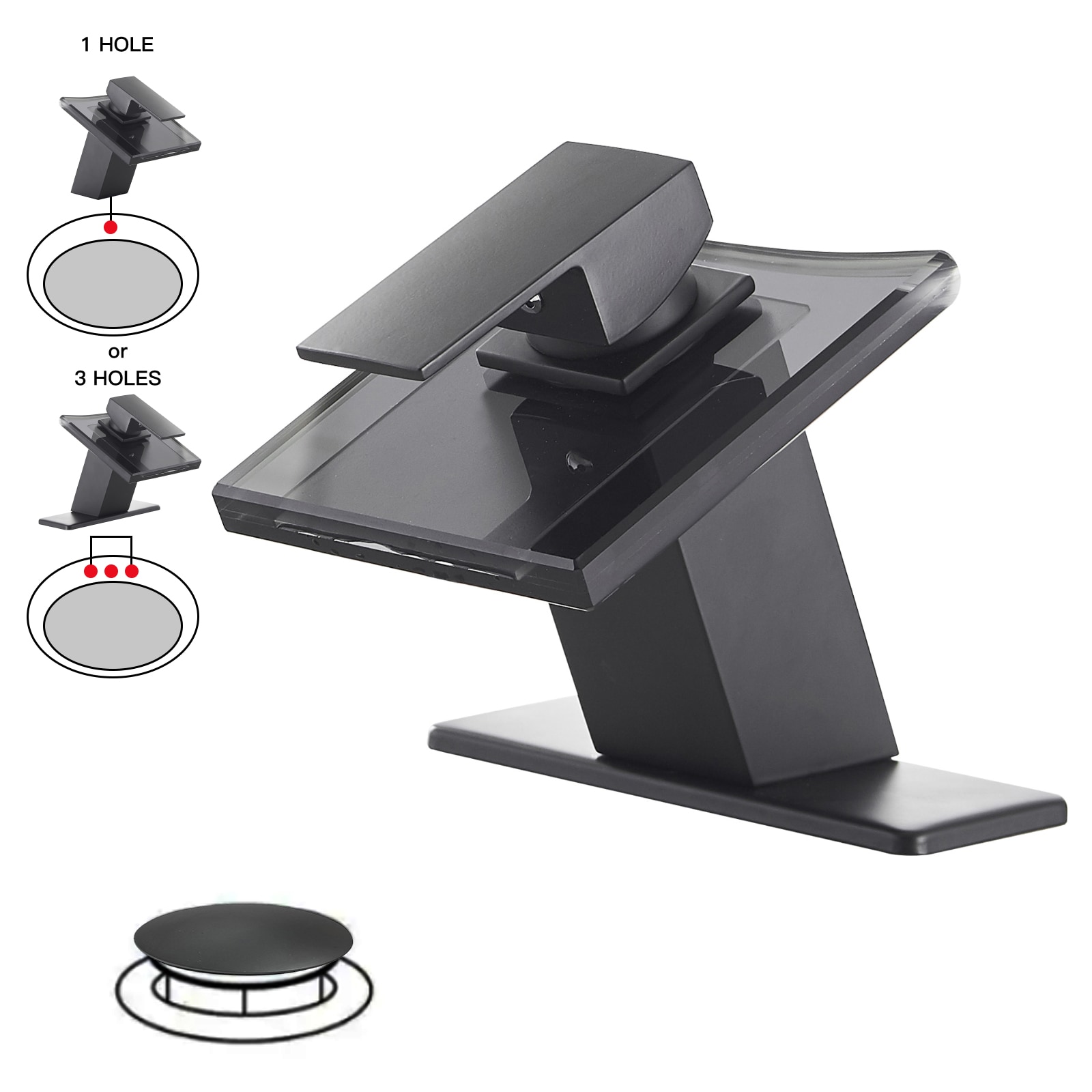 BWE A-92003-B-2 Matte Black Single hole 1-handle WaterSense Waterfall Commercial/Residential Handle Bathroom Sink Faucet with Drain with Deck Plate