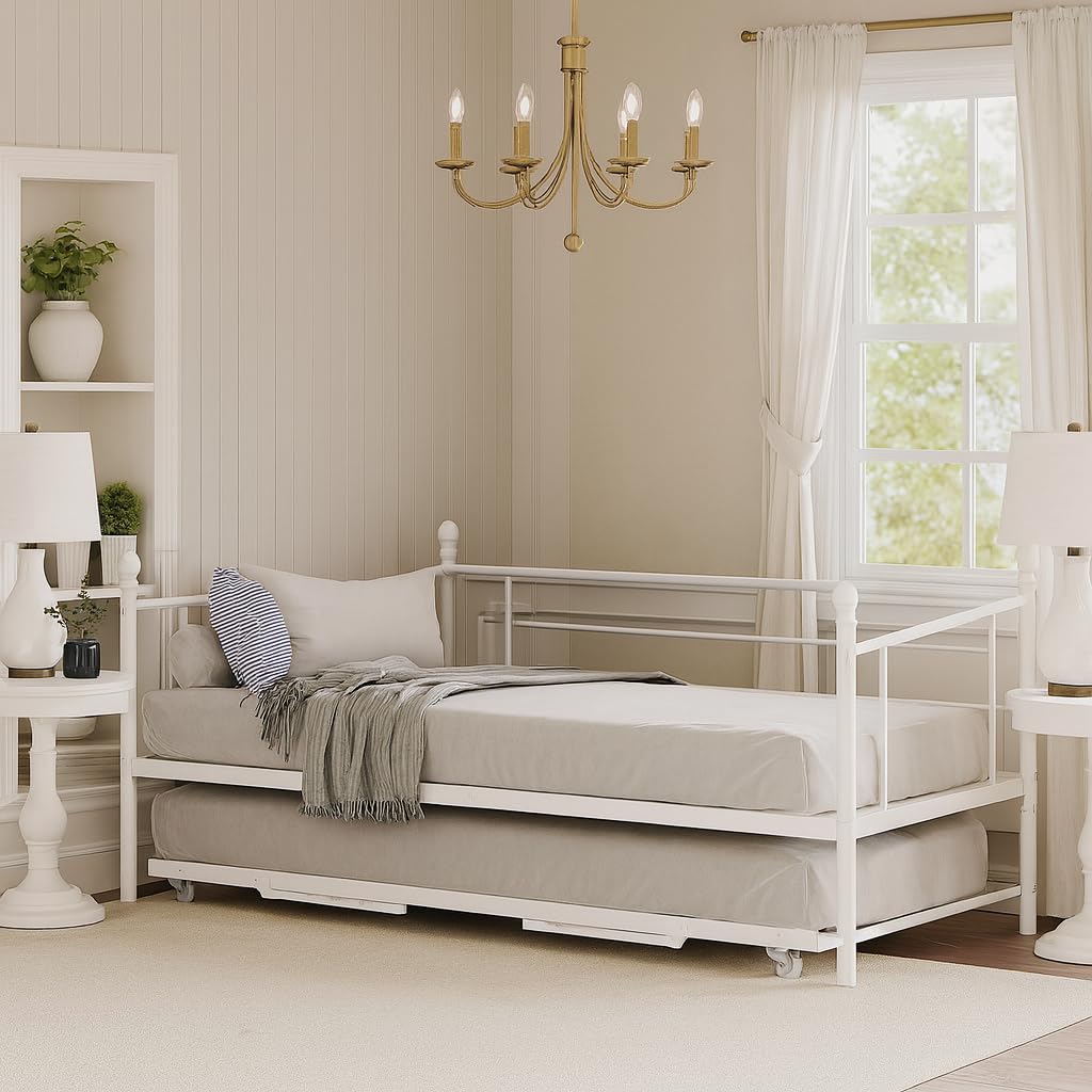 Garvee Full Size White Metal Daybed with Pop Up Trundle Heavy Duty Sofa Bed Frame Steel Slats Space Saving Guest Bed for Living Room Bedroom