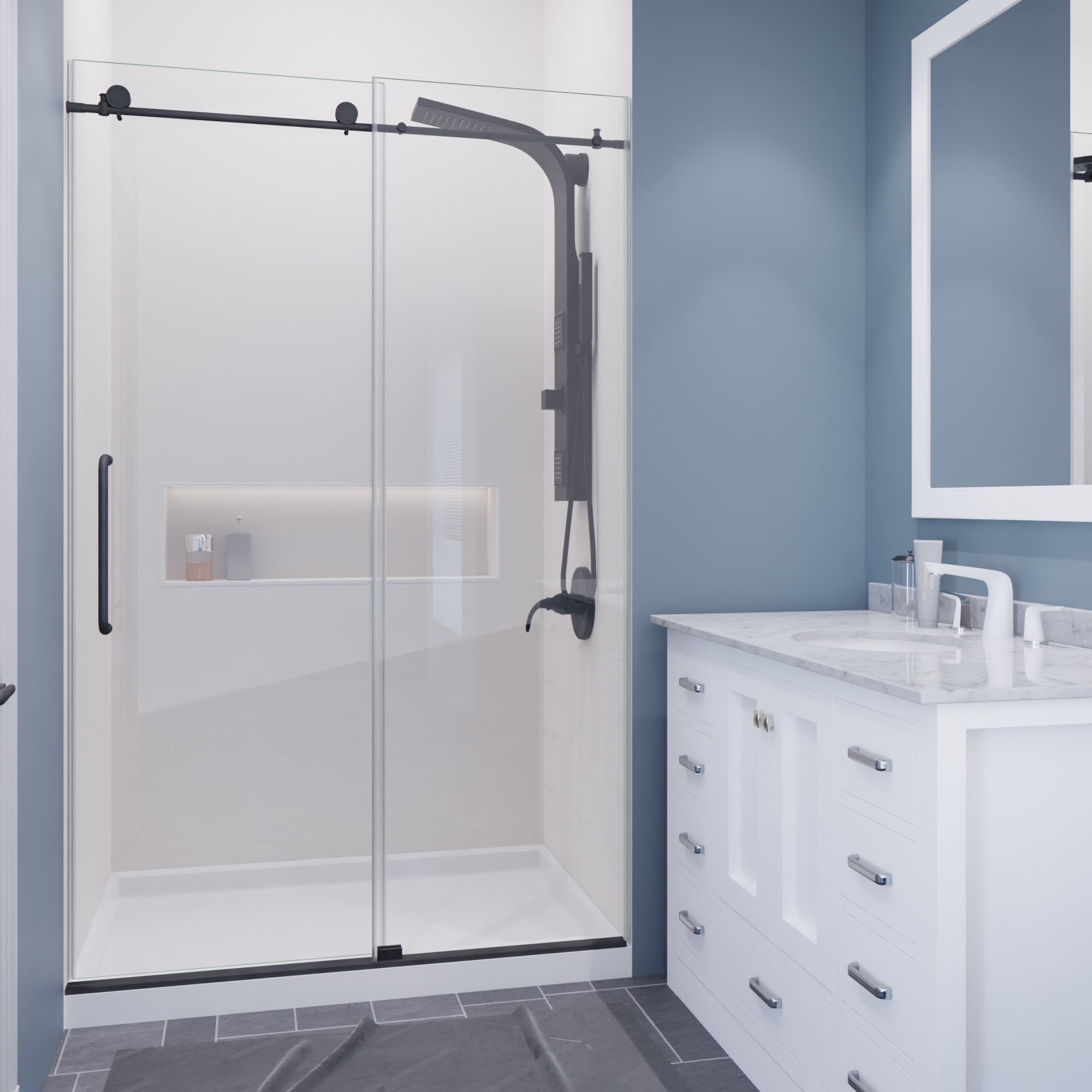 ANZZI SD-AZ13-01GB Madam Gun Metal Black 48-in W x 76-in H Frameless Sliding Shower Door 3/8-in Thick Clear Glass