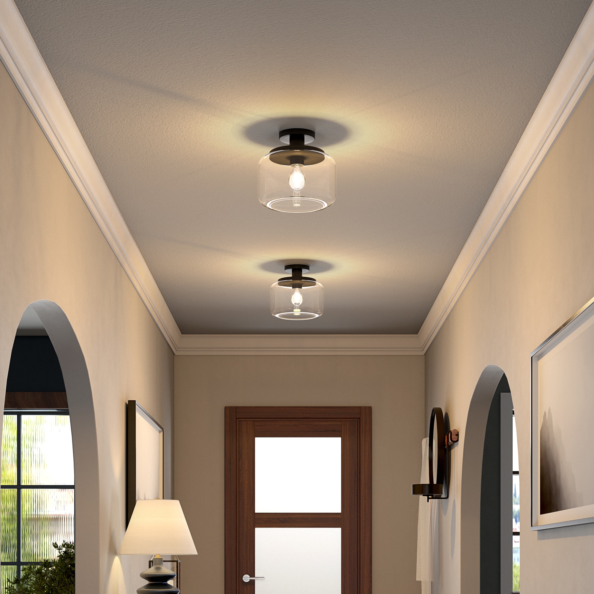 Blackened Bronze and Clear Glass Semi Flush Mount Light