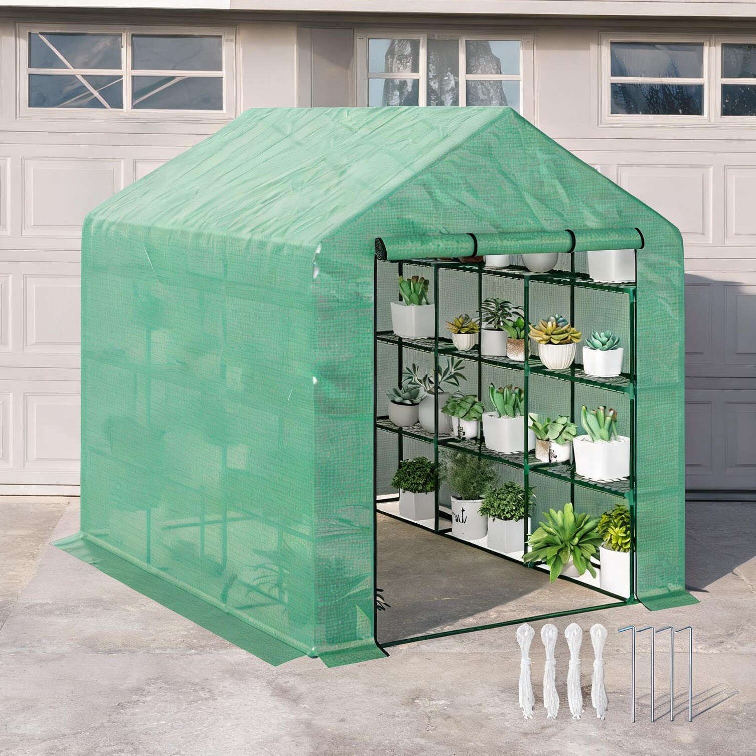 sunjurt Greenhouse combining Green Steel and PE and Walk-In Access with Tiered Shelving and Covered Patio