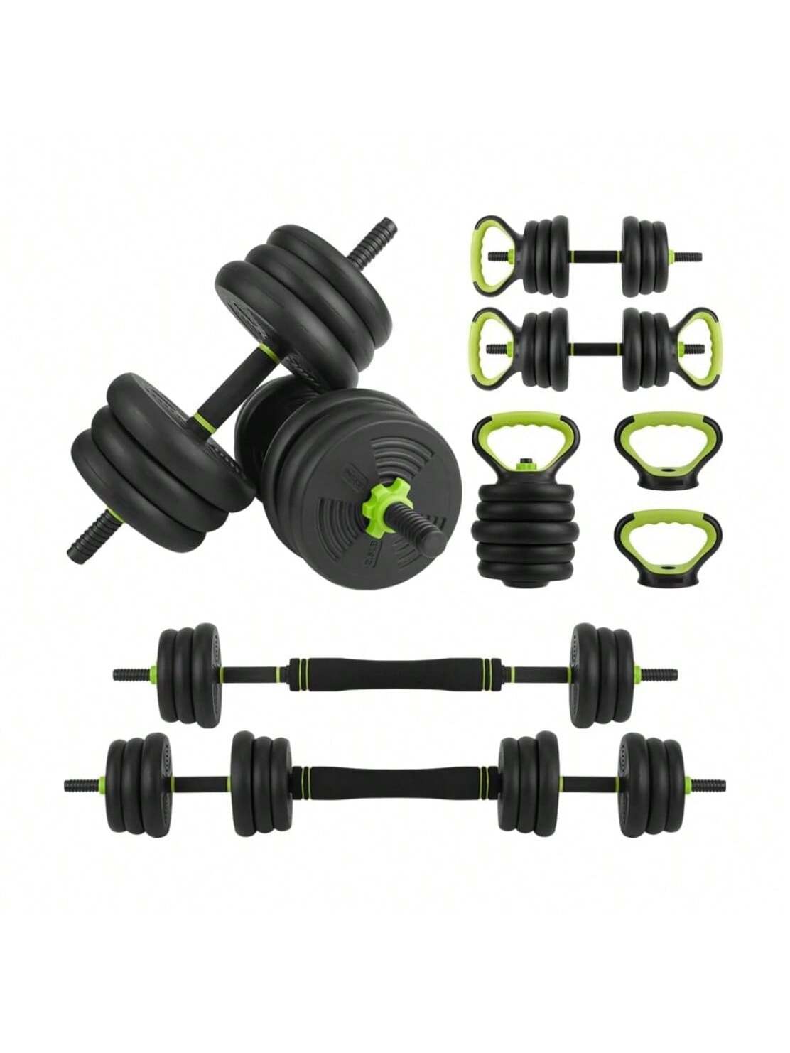 Qeetex BY-POU-3AJQWJ8B Adjustable Dumbbell Set  4 In 1 Adjustable Kettlebell Set 44lbs 66lbs 88lbs Weight Set Used As Kettlebells  Barbell  Push Up Stand For Home Gym Green And Black Round Head