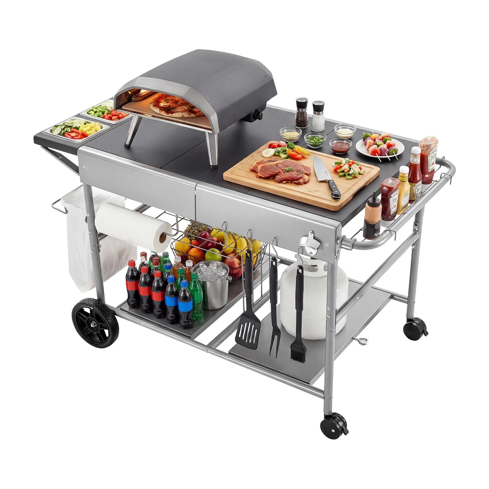 Mecale - Outdoor Grill Cart 36.4 x 23.4 in BBQ Prep Table with Spice Containers Wheels Hooks Lids