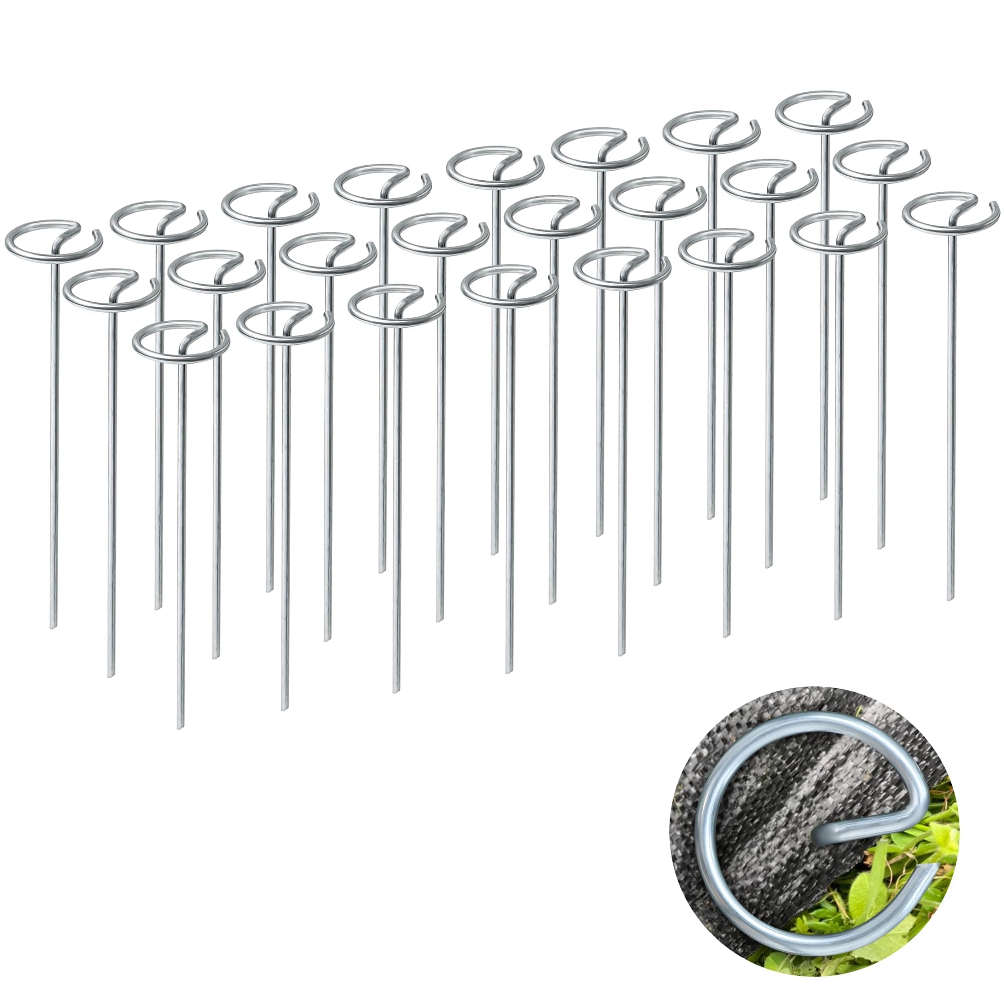 LAIFUCAM  100 pcs Circle Top Landscape Staples 6 inch 11 Gauge Galvanized Steel Garden Stakes Heavy Duty Fabric Pins for Weed Barrier Lawn and