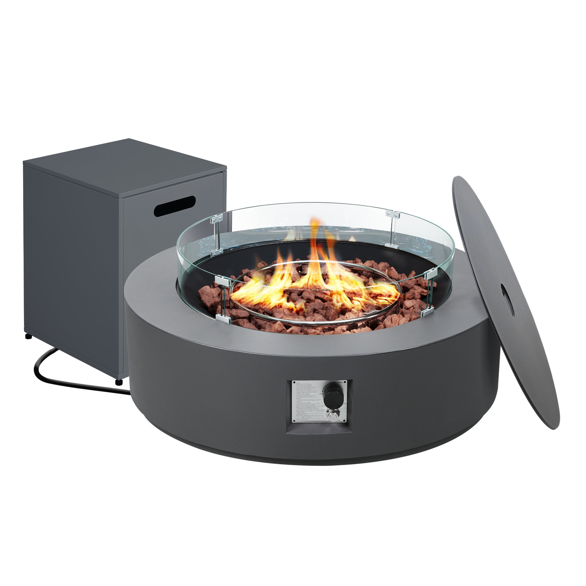 UPHA 42TP-GREY-DK-BLZWST Gas Fire Pits With Tank Cover and Glass Wind Guard 42-in W Dark Gray Iron Round Liquid propane Fire pit