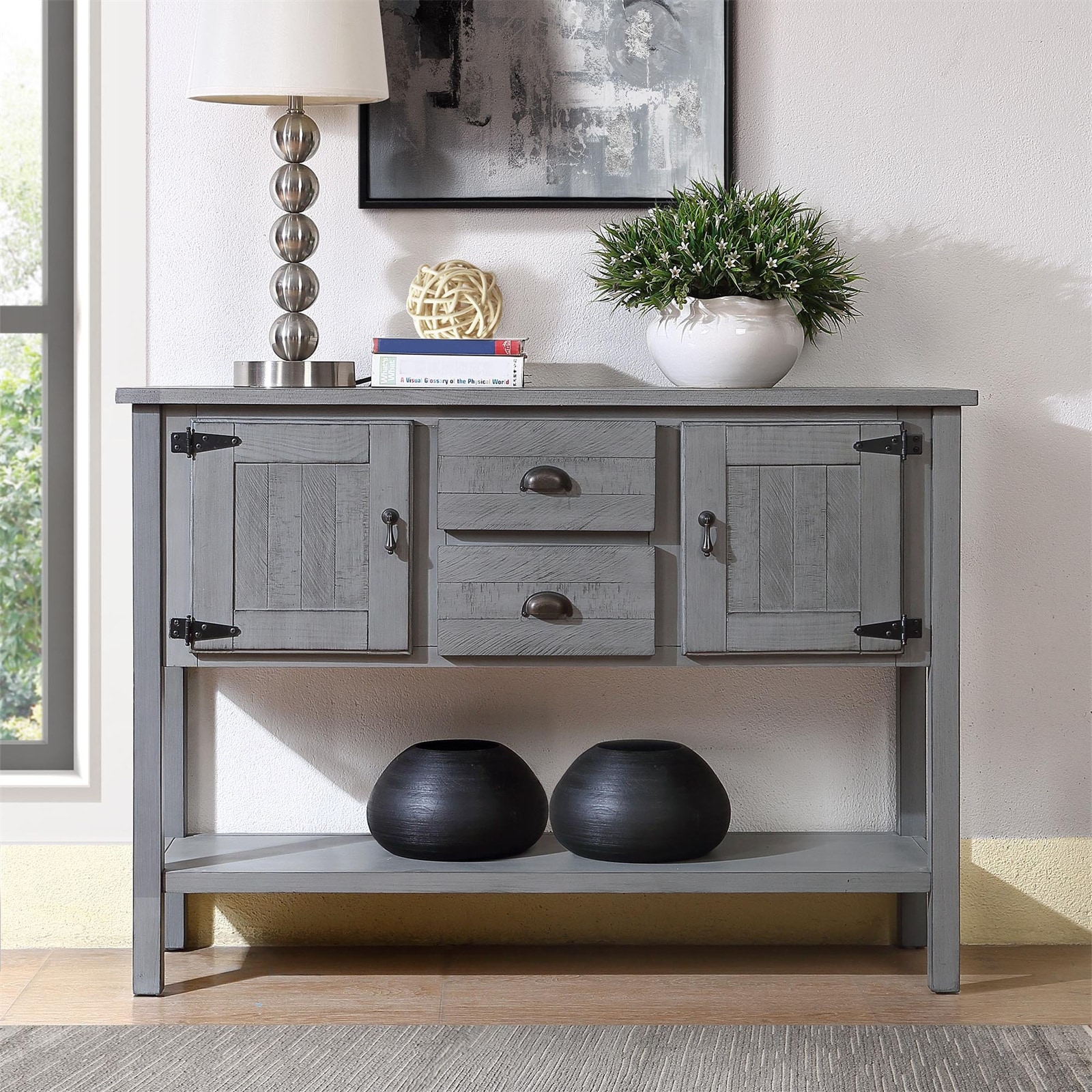 BESTCOSTY W1202LJW70245-ZY Antique Gray Solid Wood Sideboard Console Table with 2 Drawers  Storage Dining Buffet Server Cabinet