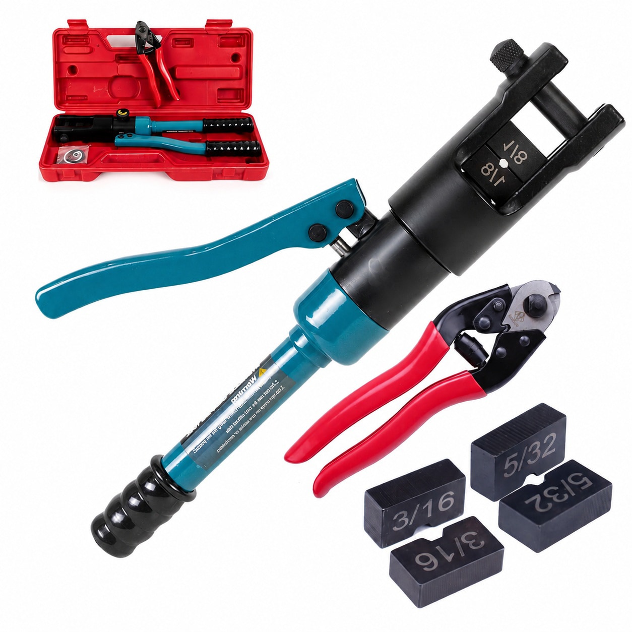 ITOPFOX Hydraulic Cable Railing Crimping Tool with Cutter and Dies for One Eighth Five Thirty Seconds Three Sixteenth Stainless Steel Cable #LIT0819I097