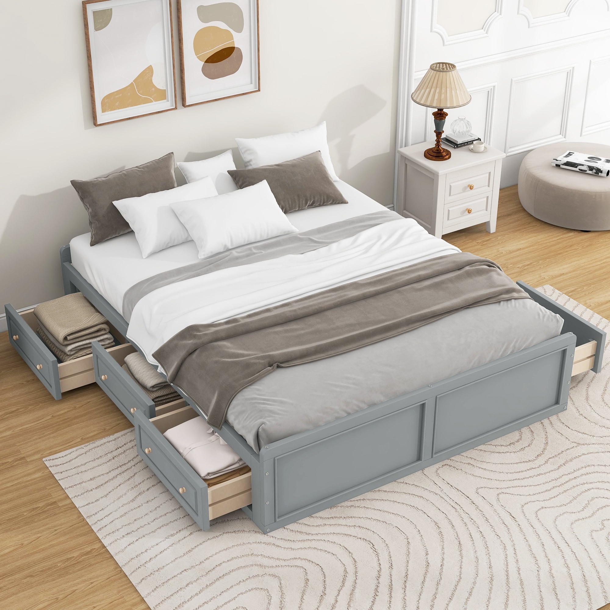 ModernLuxe L3P-N709P241723E-1 Wood Queen Size Platform Bed Frame with 6 Drawers Gray