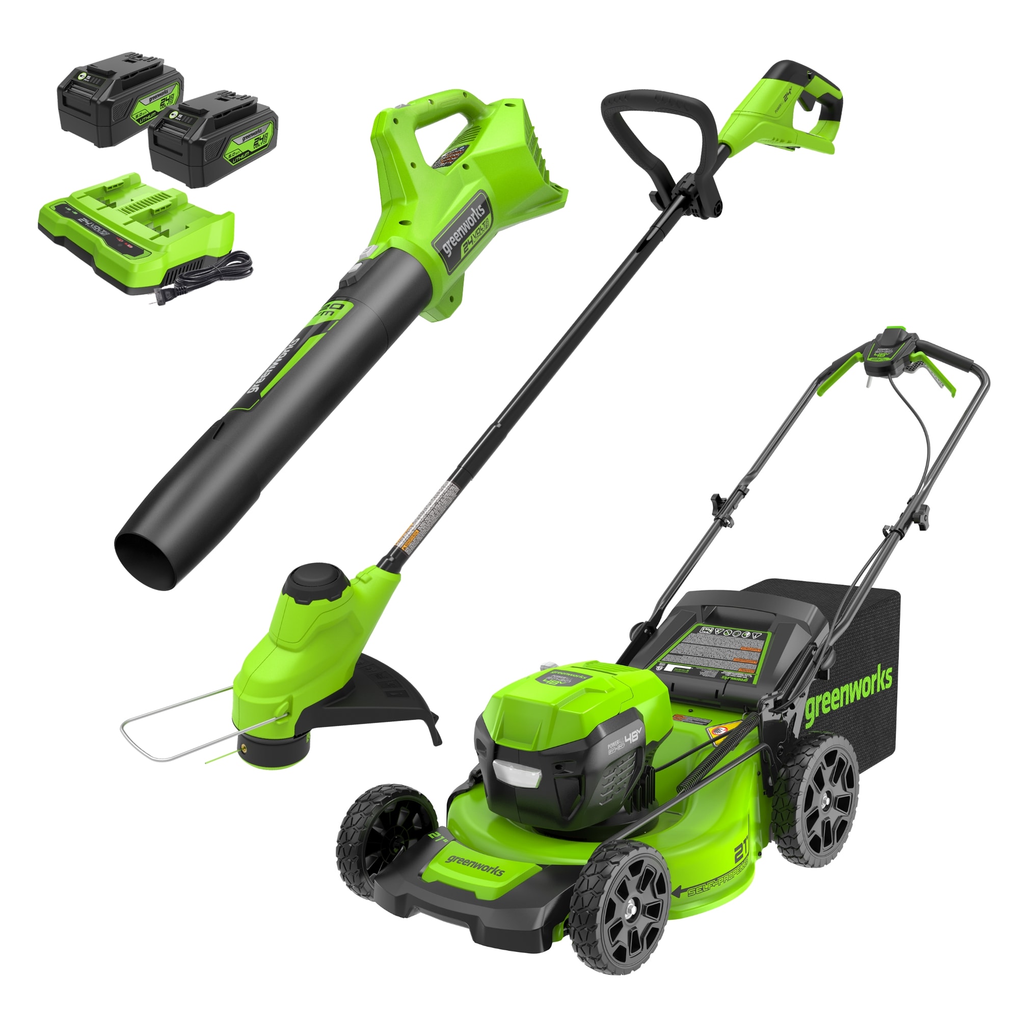 Greenworks CK24L5242 24-volt Cordless Battery String Trimmer and Leaf Blower and Lawn Mower and Combo Kit 5 Ah (Battery Included) (Charger Included)