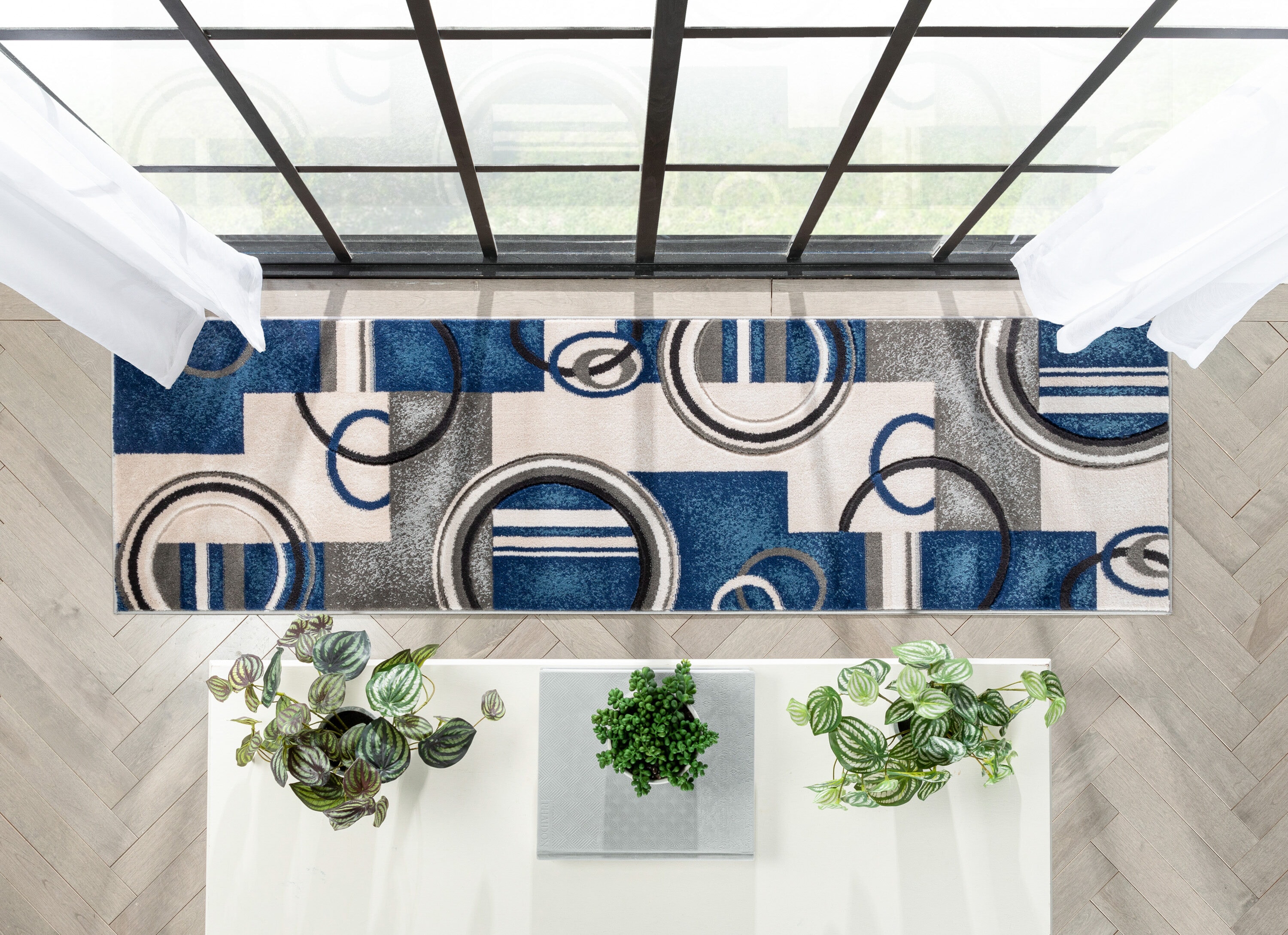 Dark Blue Geometric Synthetic Runner Rug 2'7" x 7'3"