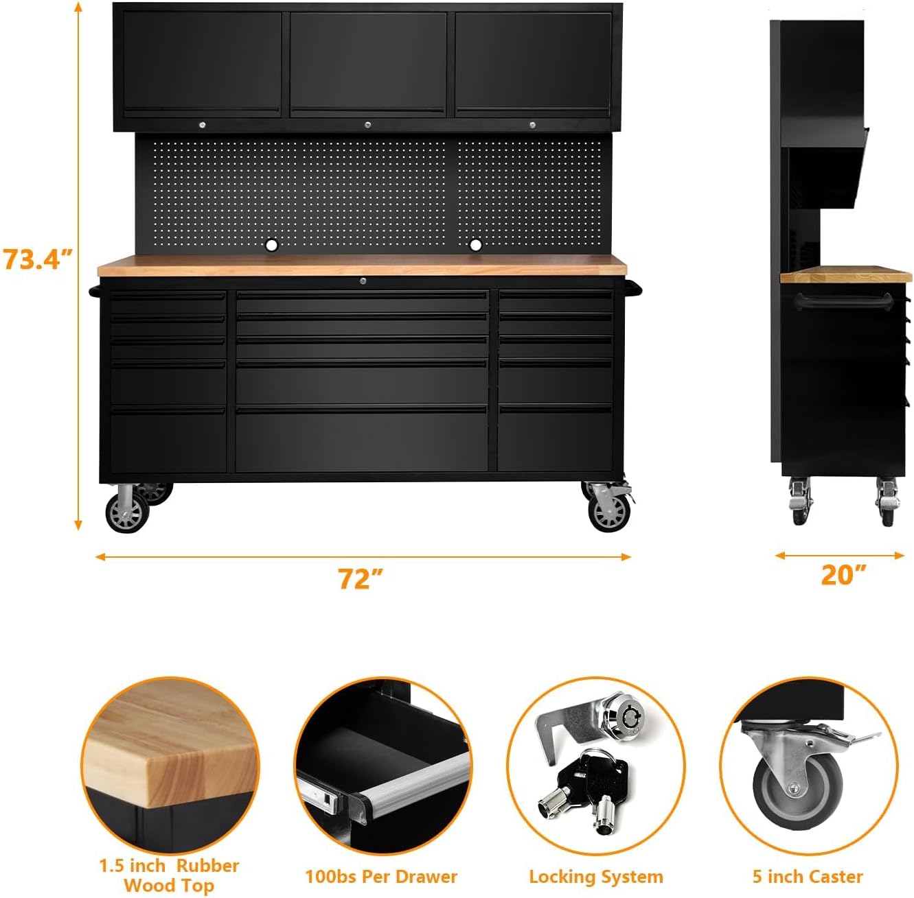 GAOMON 72-In Rolling Tool Chest 15 Drawers Pegboard and 3 Top Compartments Heavy Duty Steel Storage Cabinet with Locking Casters and Anti-Slip Liner for Garage Sansujyuku sansujyuku.com