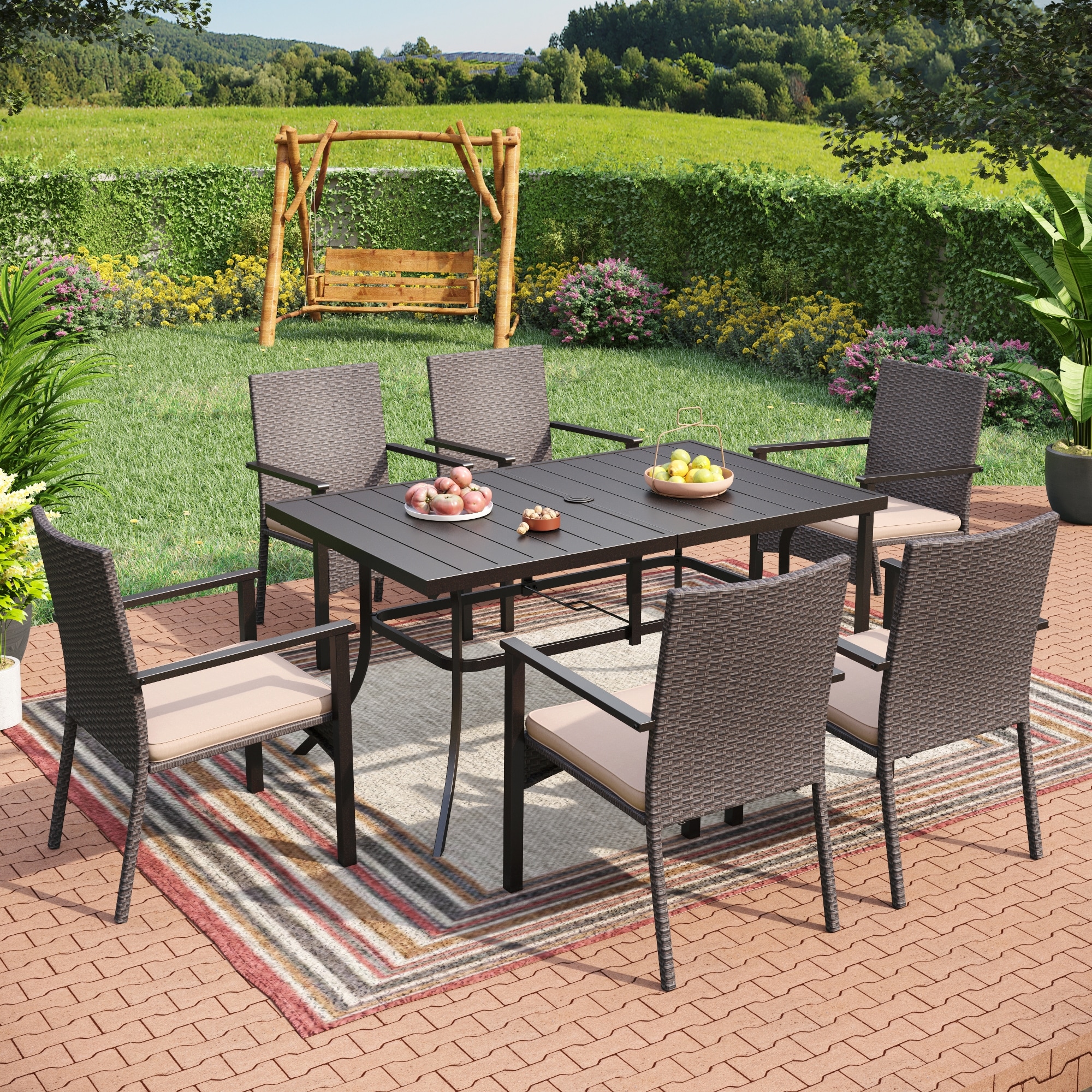 Sunshine Valley TC7-350-060-4 7 -Piece Black Rattan Patio Dining Set Steel Rectangle Table with 6 Tan Cushions Stationary Chairs