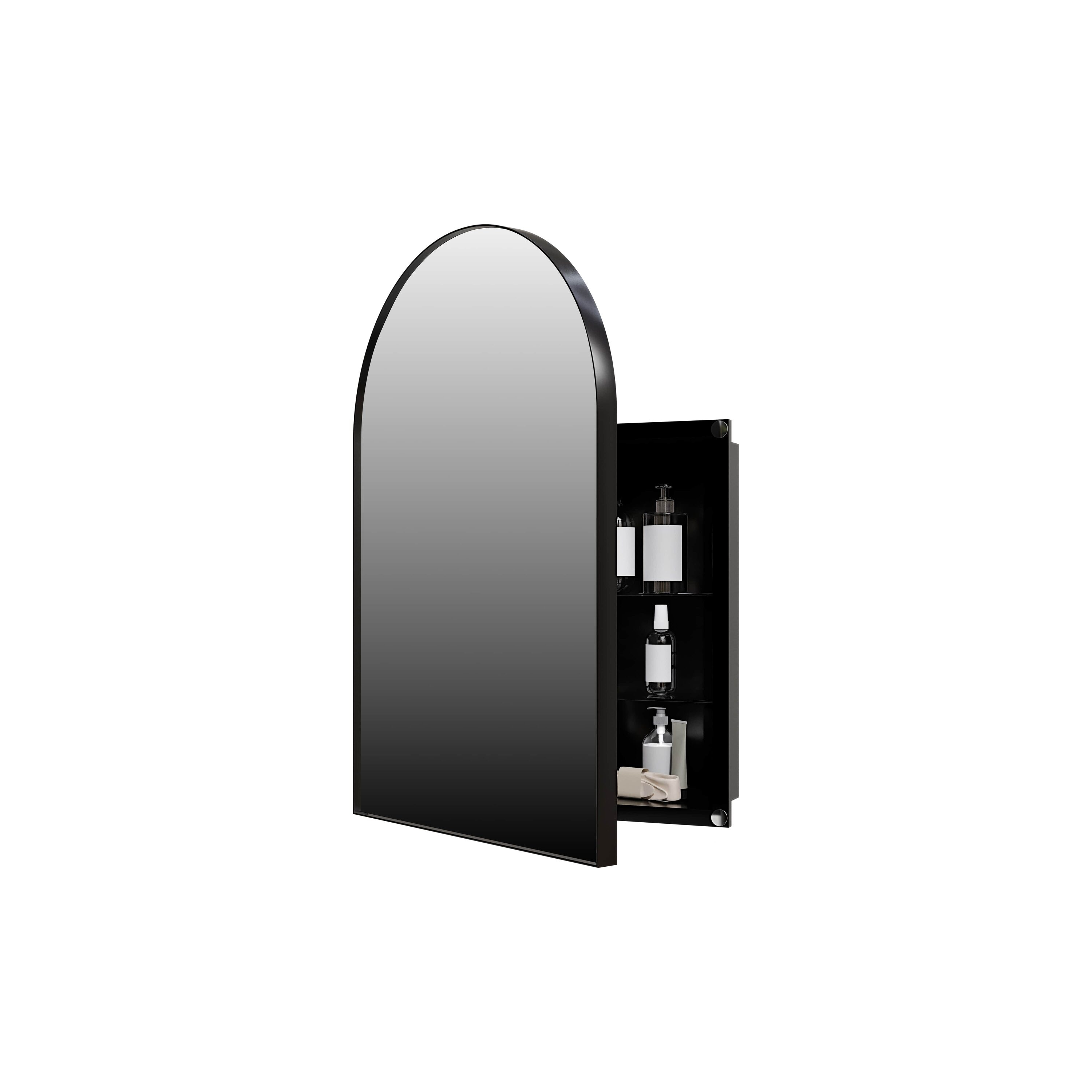 Vynxaria  18in W x 24in H Arched Metal Medicine Cabinet with Mirror Matte Black Finish 1 Pc