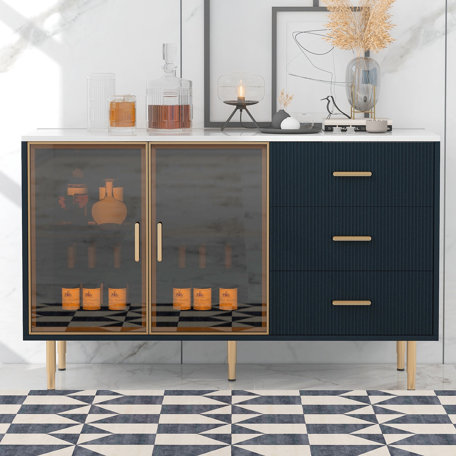 GZMR Modern Sideboard MDF Buffet Cabinet, Navy Blue Contemporary/Modern Navy Blue Sideboard