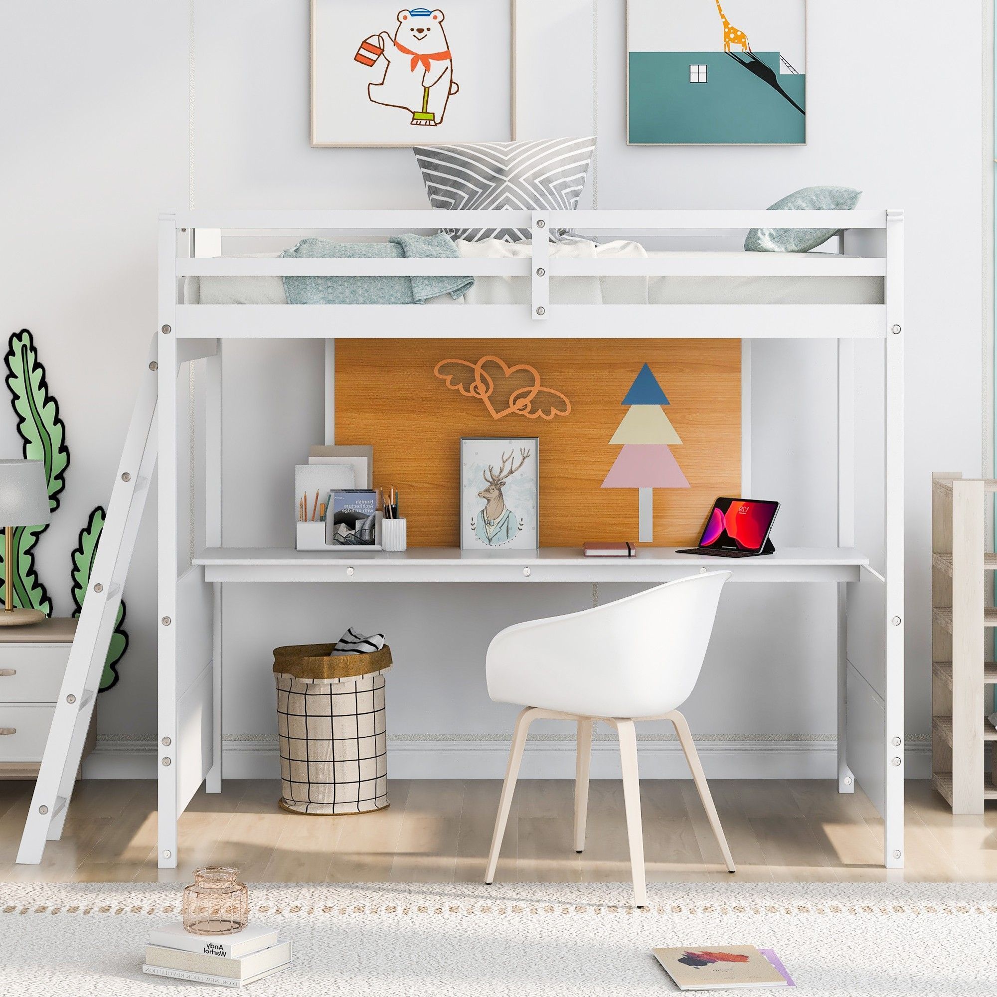 Twin Size Loft Bed with Built-in Desk, Storage Shelves and Drawers, White - ModernLuxe