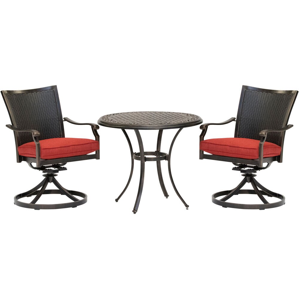 Hanover TRADDNWB3PCSWC-RED Traditions 3-Piece Bronze Patio Dining Set Aluminum Round Table with 2 Red Cushions Swivel Rocker Chairs
