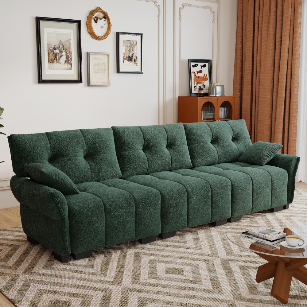 Homy Casa TURTY-GR TURTY 110.2 in. Rolled Arm Chenille 3-Seater Rectangle Tufted Sofa with Deep Cushions and Soft Armrests in Creamy Beige