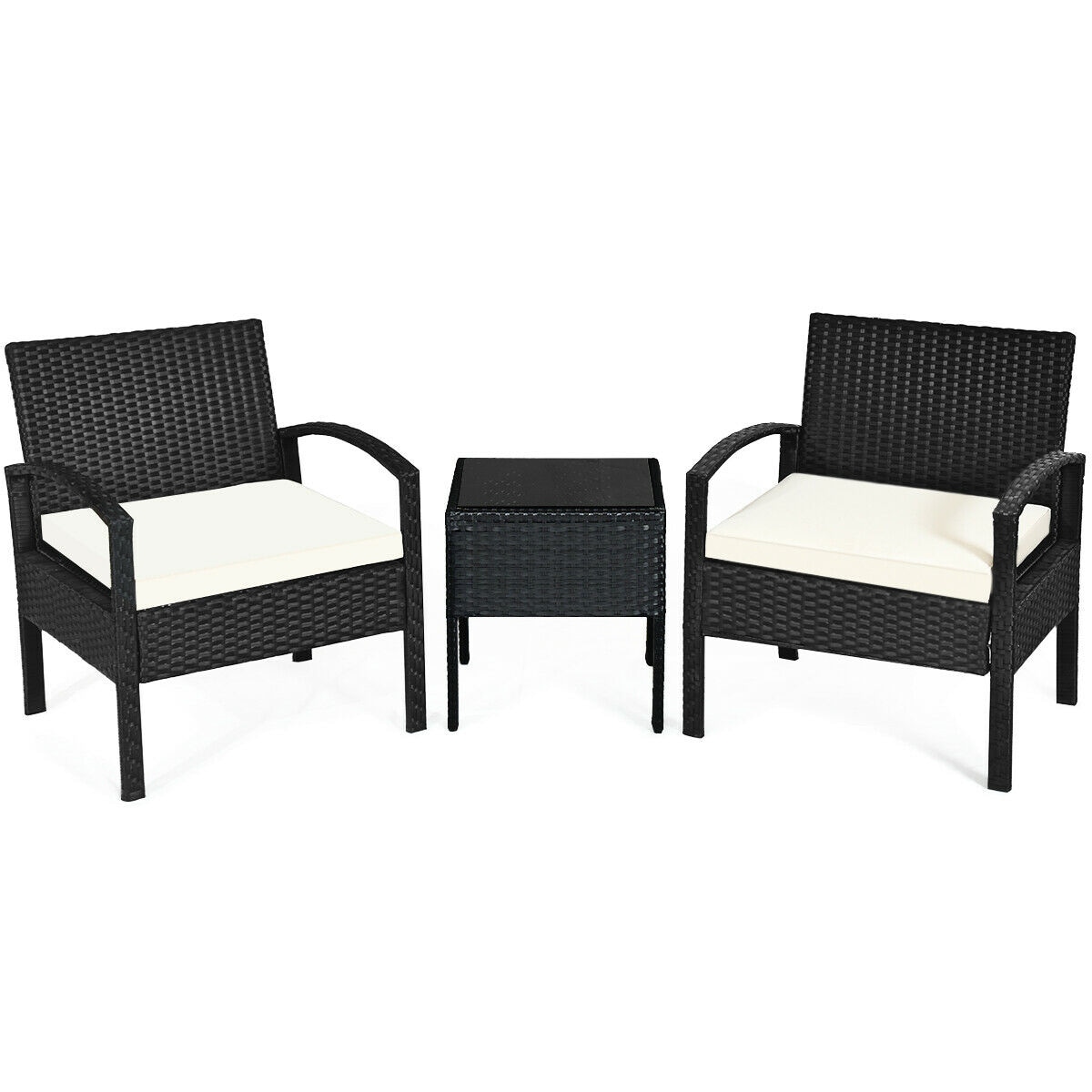 CASAINC WF-HW63218-LA 3 Pcs Patio Rattan Furniture Set Sofa Cushioned Table Garden 3 -Piece Rattan Patio Conversation Set with White Cushions