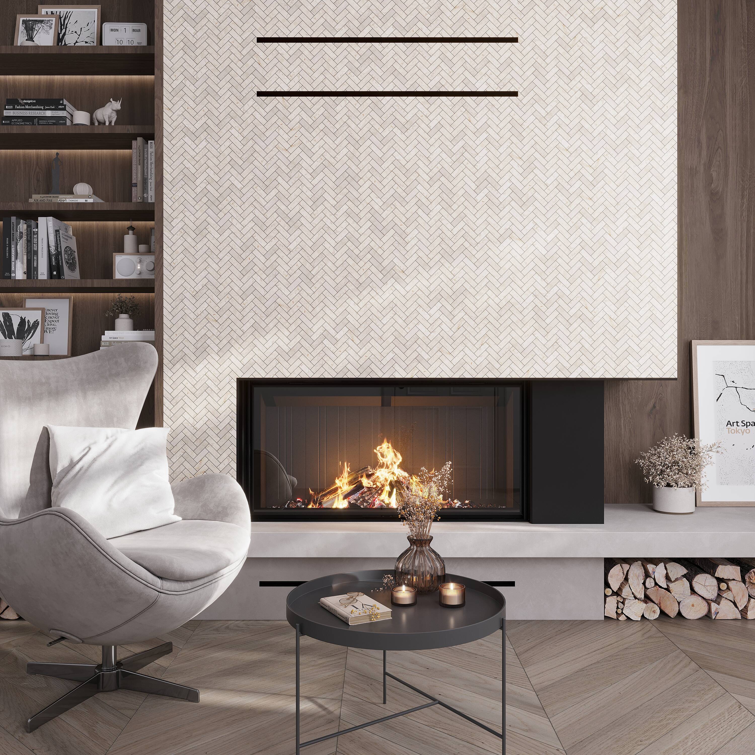 Apollo Tile Naples Beige 12-in x 13-in Polished Natural Stone Marble/Limestone Herringbone Patterned Floor and Wall Tile (5.28-sq. ft/ Carton)