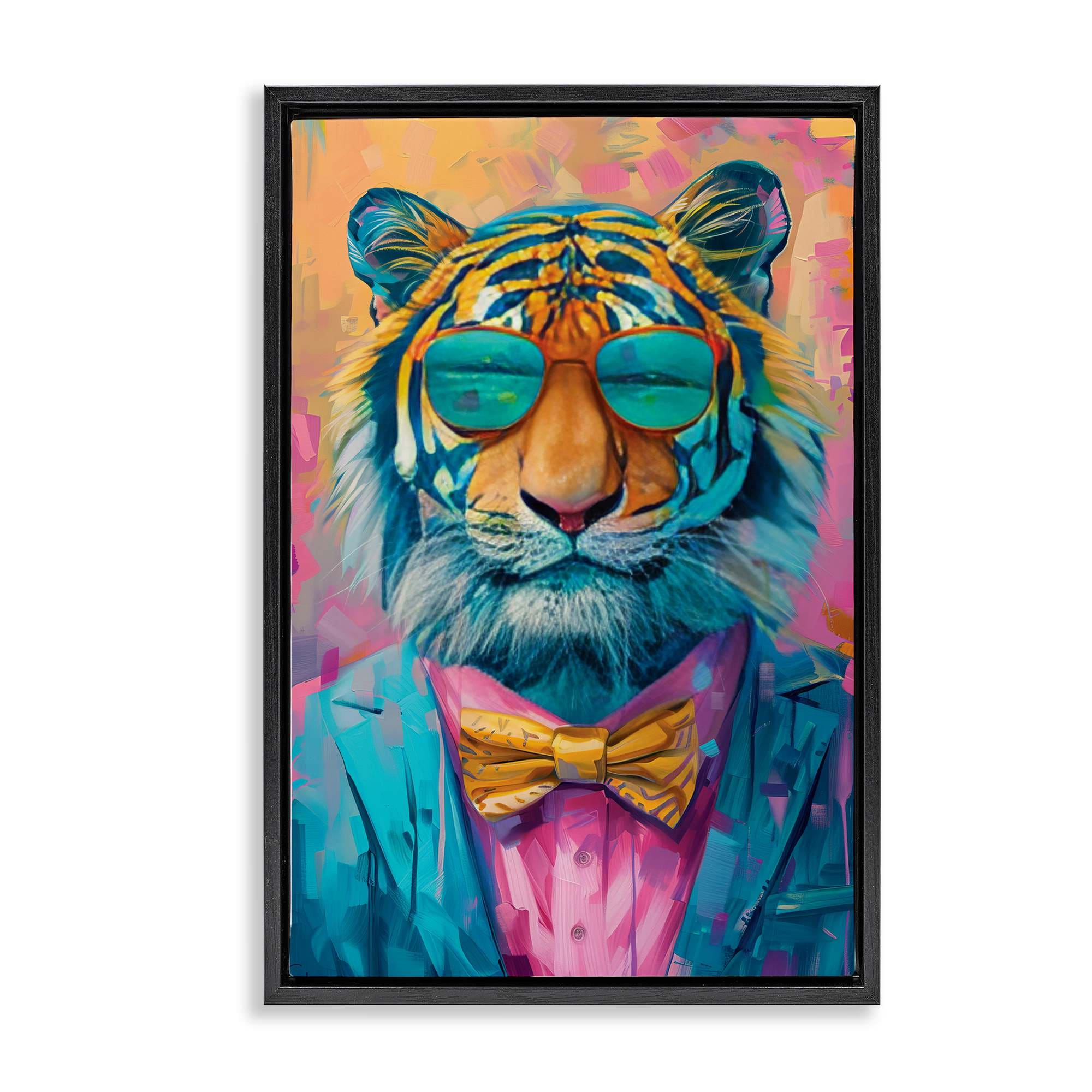 Stupell Industries BT-654-FFB-16X24 Smiling Snazzy Tiger Black Framed Floater Canvas Wall Art By LSR Design Studio 17 x 25