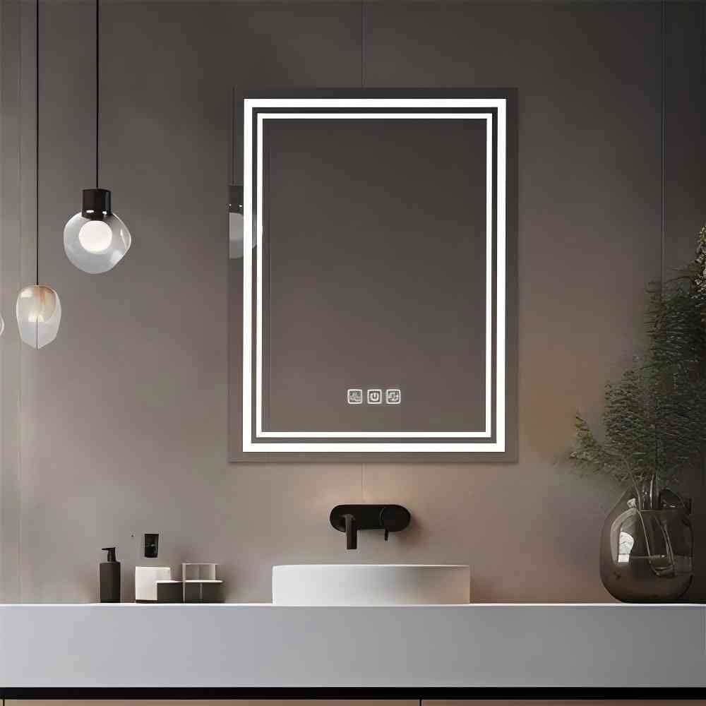 AAZJ DR-P296165 Bathroom Mirrors 36-in x 28-in Beveled Frameless Rectangle Dimmable LED Lighted Fog Free Bathroom Vanity Mirror ( Silver )