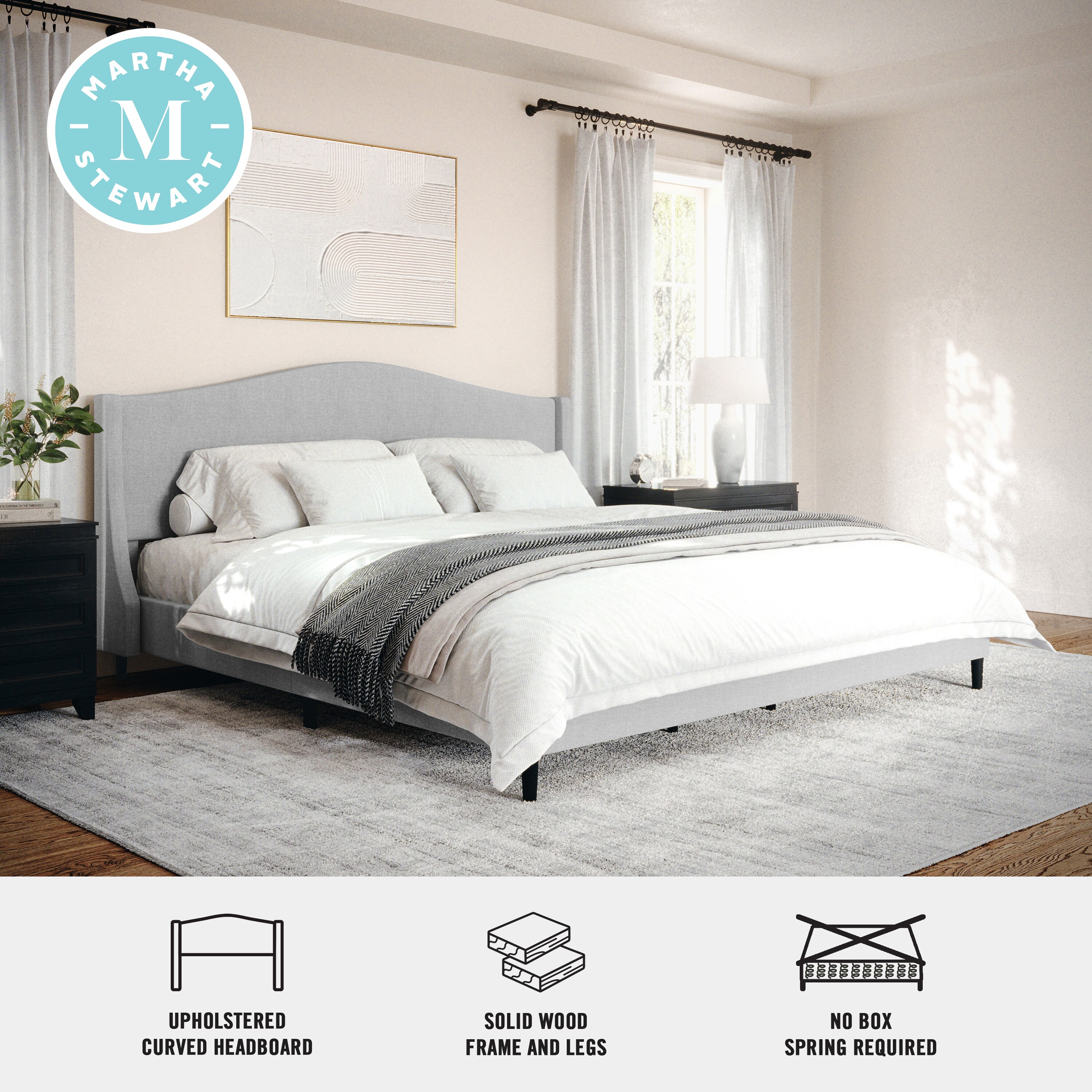 King Gray Linen Upholstered Platform Bed with Curved Headboard