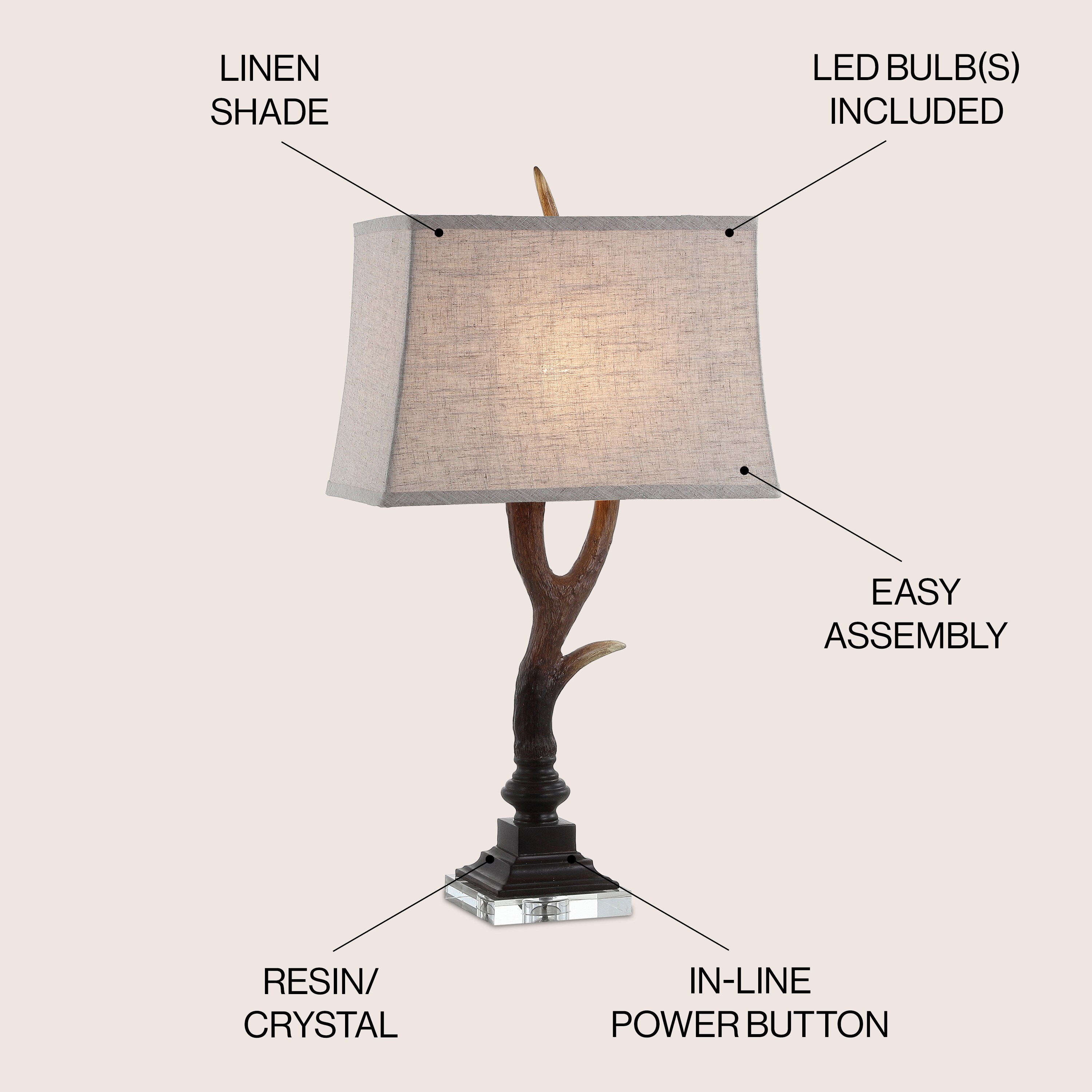 Rustic Brown Resin Antler Table Lamp with Linen Shade