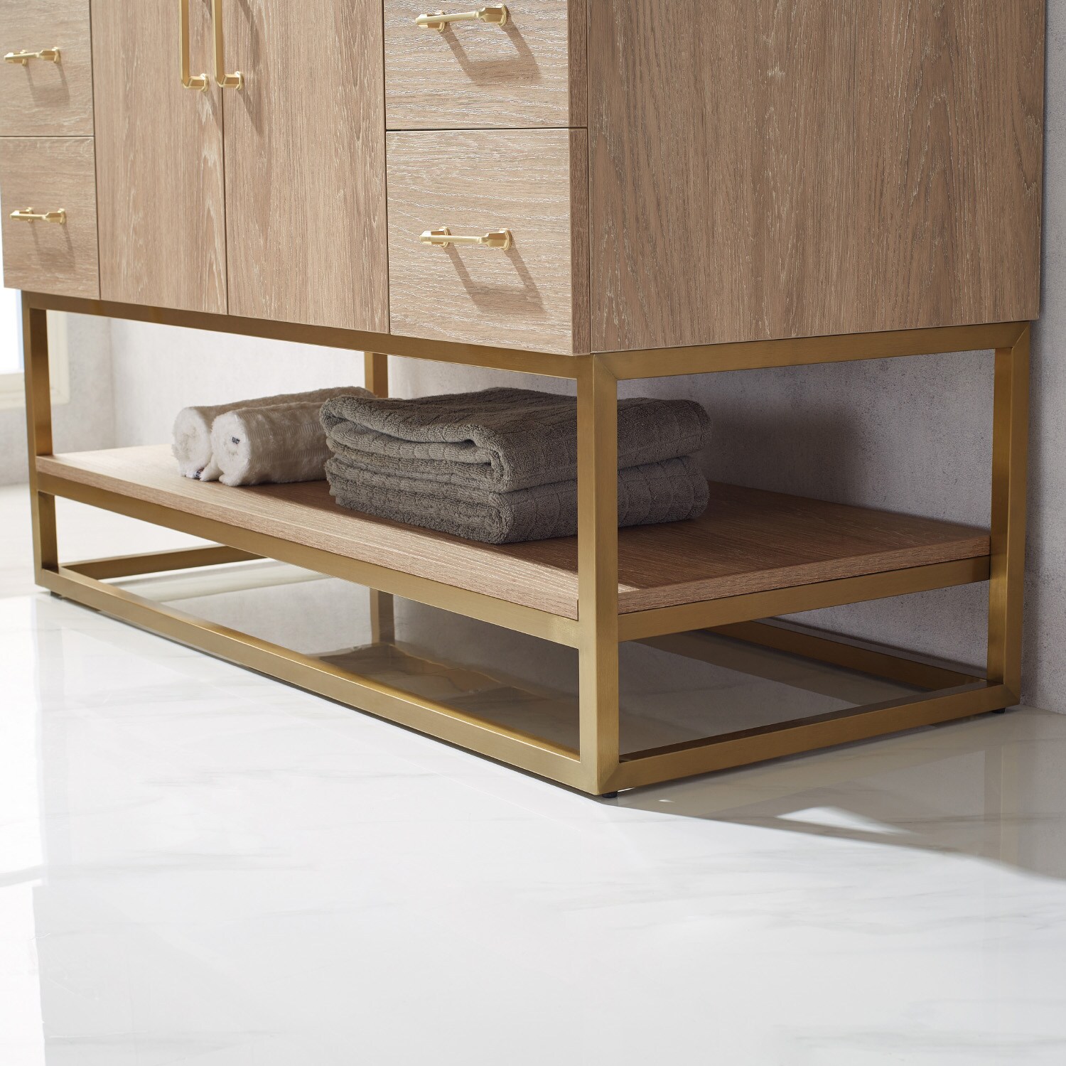48 Inch Oak Single Vanity with White Stone Top and Brushed Gold Trim