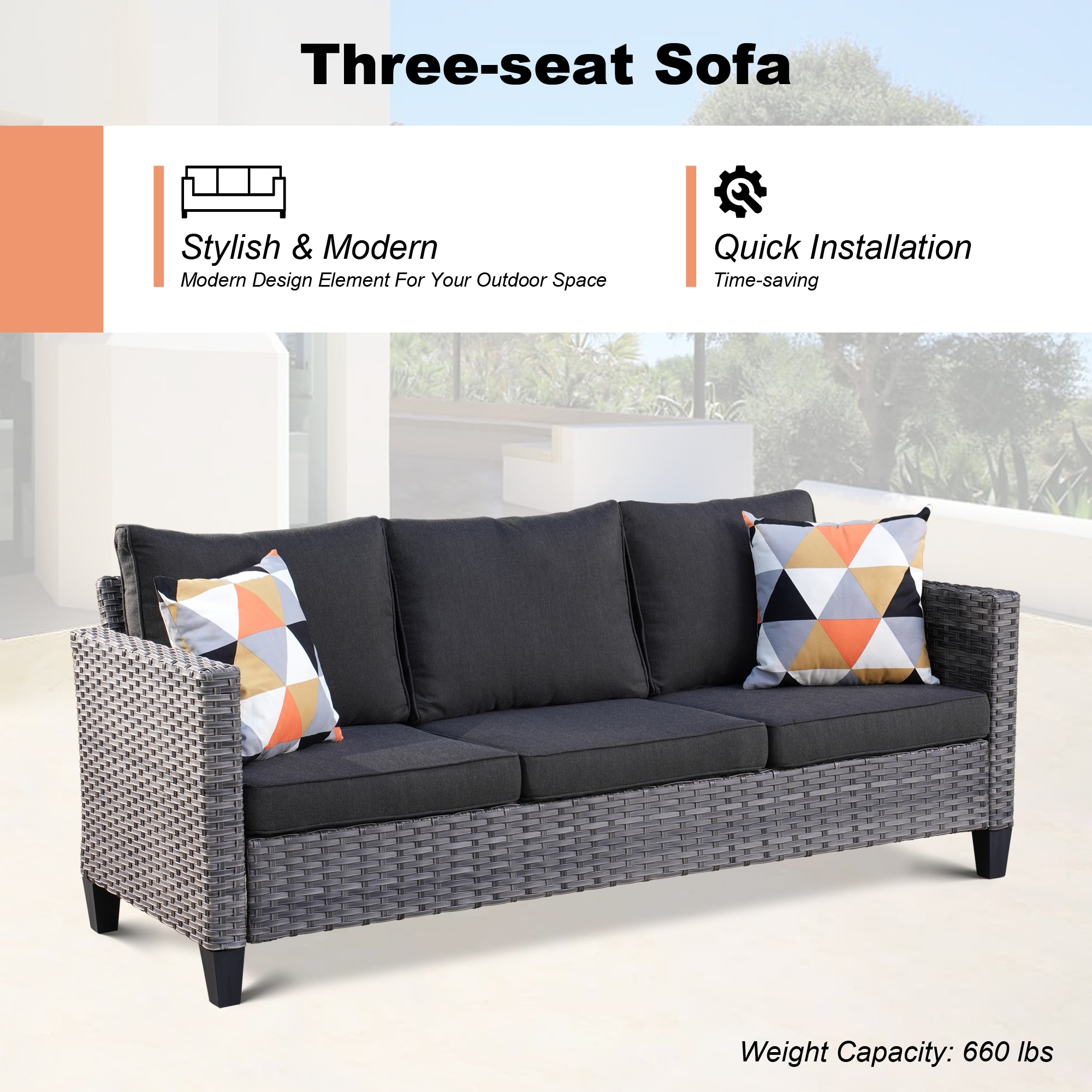 Pouuin 6-Piece Rattan Patio Sofa Conversation Set with Black Olefin ...