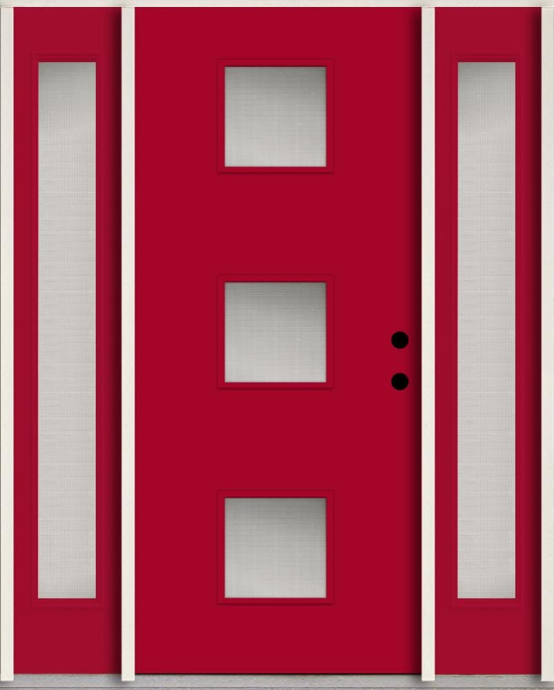 RELIABILT LO1066873 Spotlights 56-in x 80-in x 4-5/8-in Fiberglass 1/4 lite Left-hand inswing Cut Ruby Paint Painted Prehung Front Door with Sidelights Insulating core