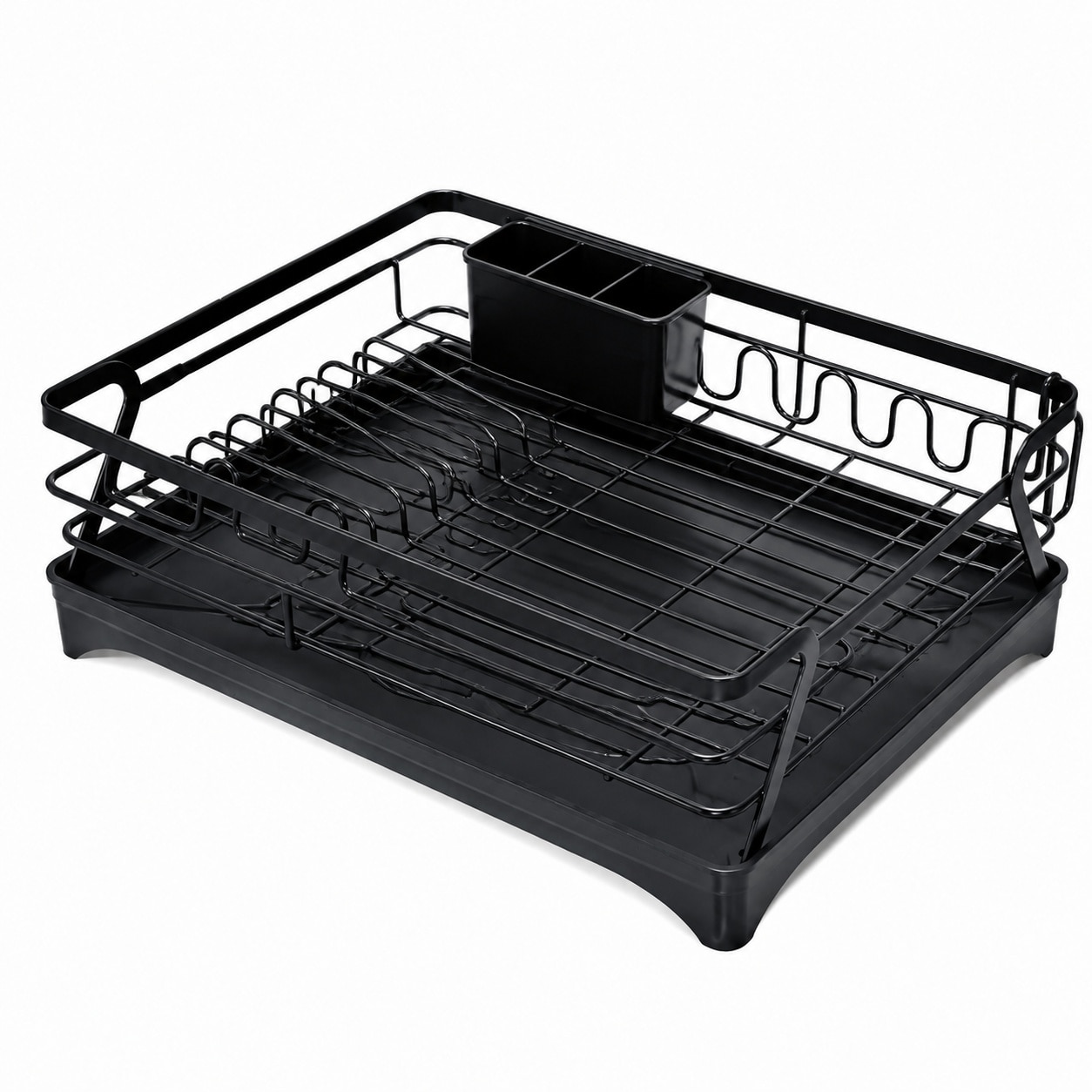 Aoibox  Black Powder Coated Steel Large Capacity Dish Rack with Wooden Handle and Auto Drainage 17 32 x 12 2 x 5 12 in