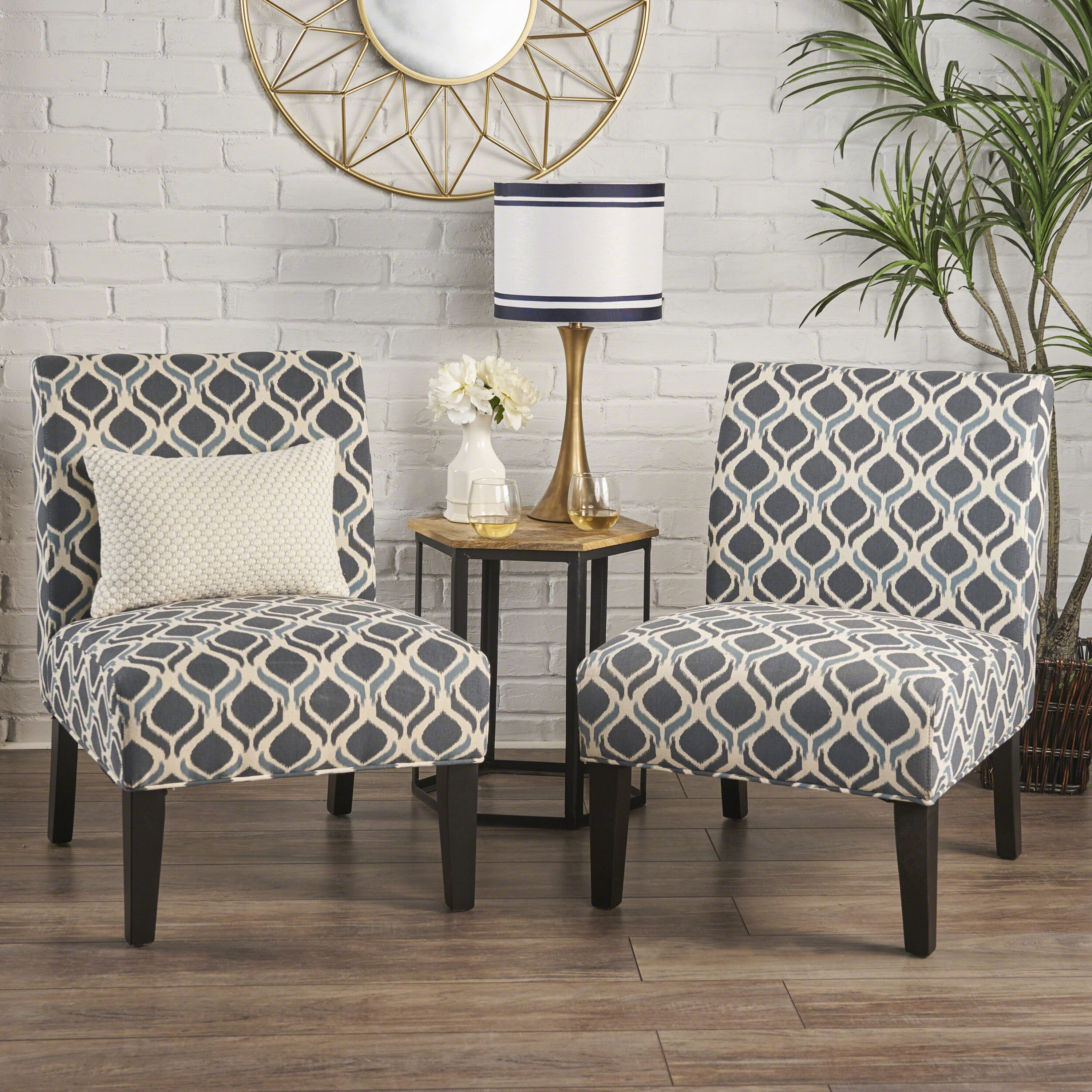 Chic Geometric Blue & Navy Slipper Chair with Tapered Wood Legs