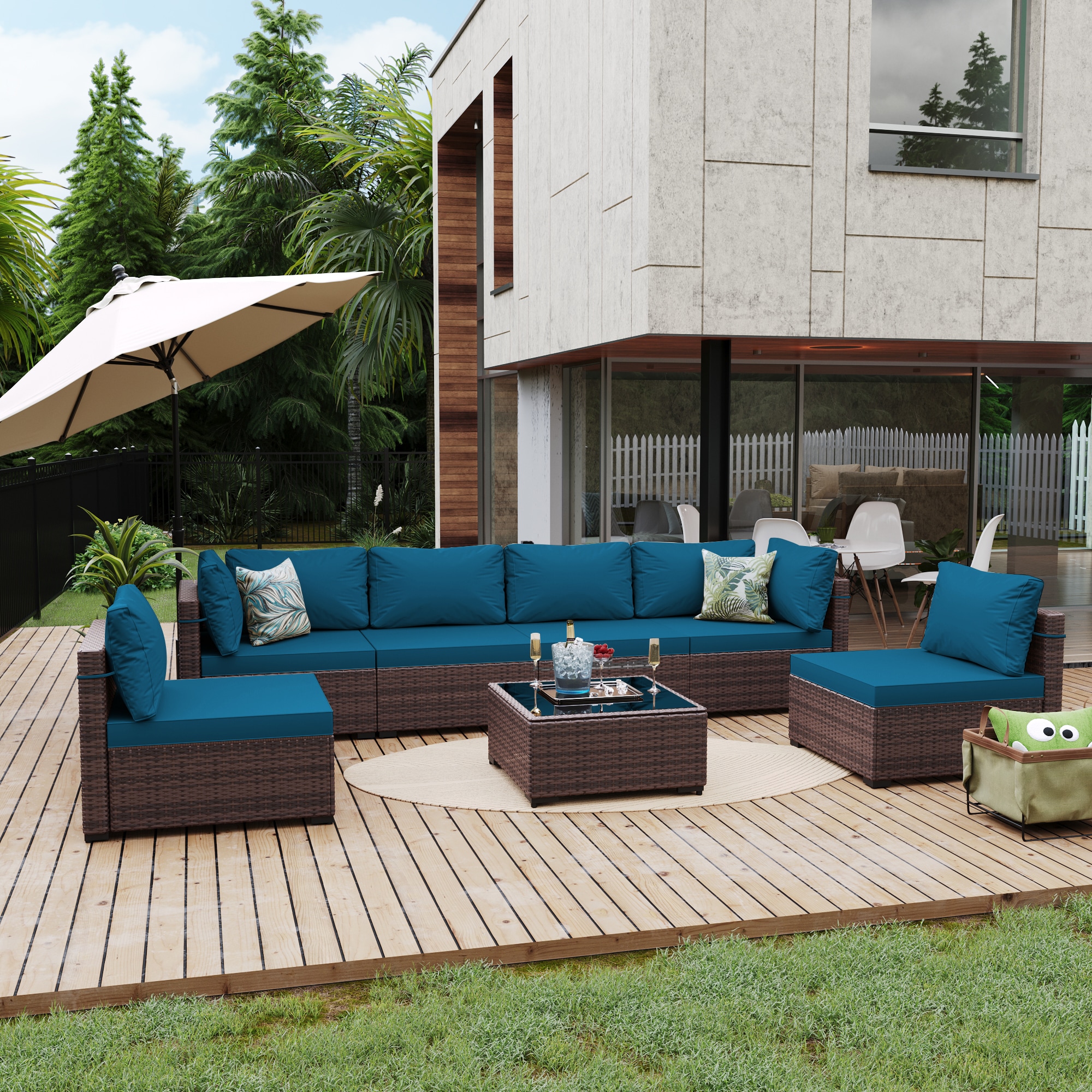 UPHA TBSF-ABC-DLBLUE 7 -Piece Rattan Patio Sofa Conversation Set Lake Blue Cushions