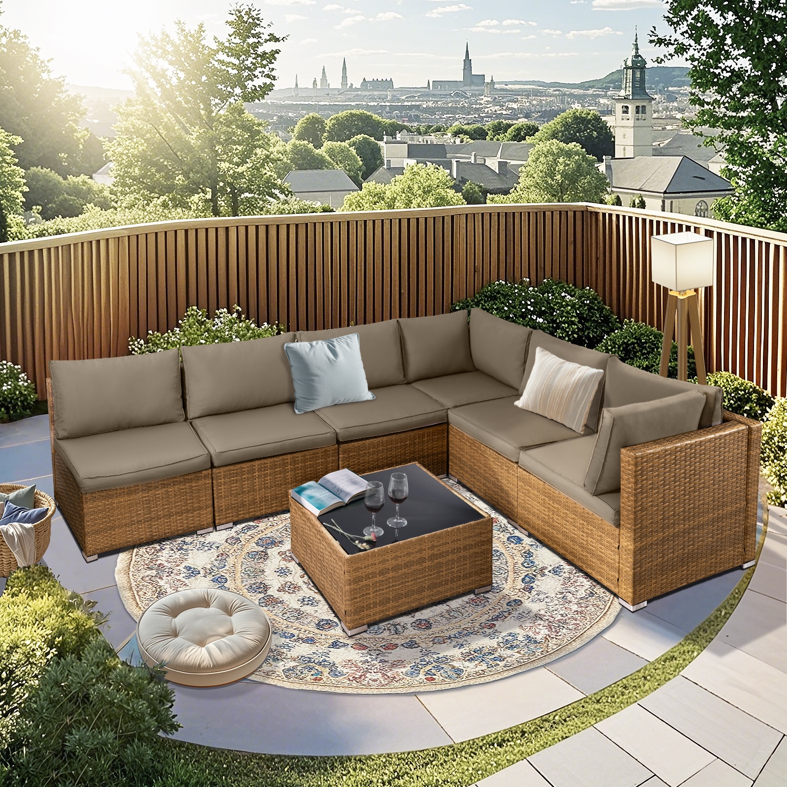 NOBLEMOOD LS-2035CO Patio Conversation Sets 7 -Piece Rattan 4 Patio Sofa Conversation Set with Brown Cushions