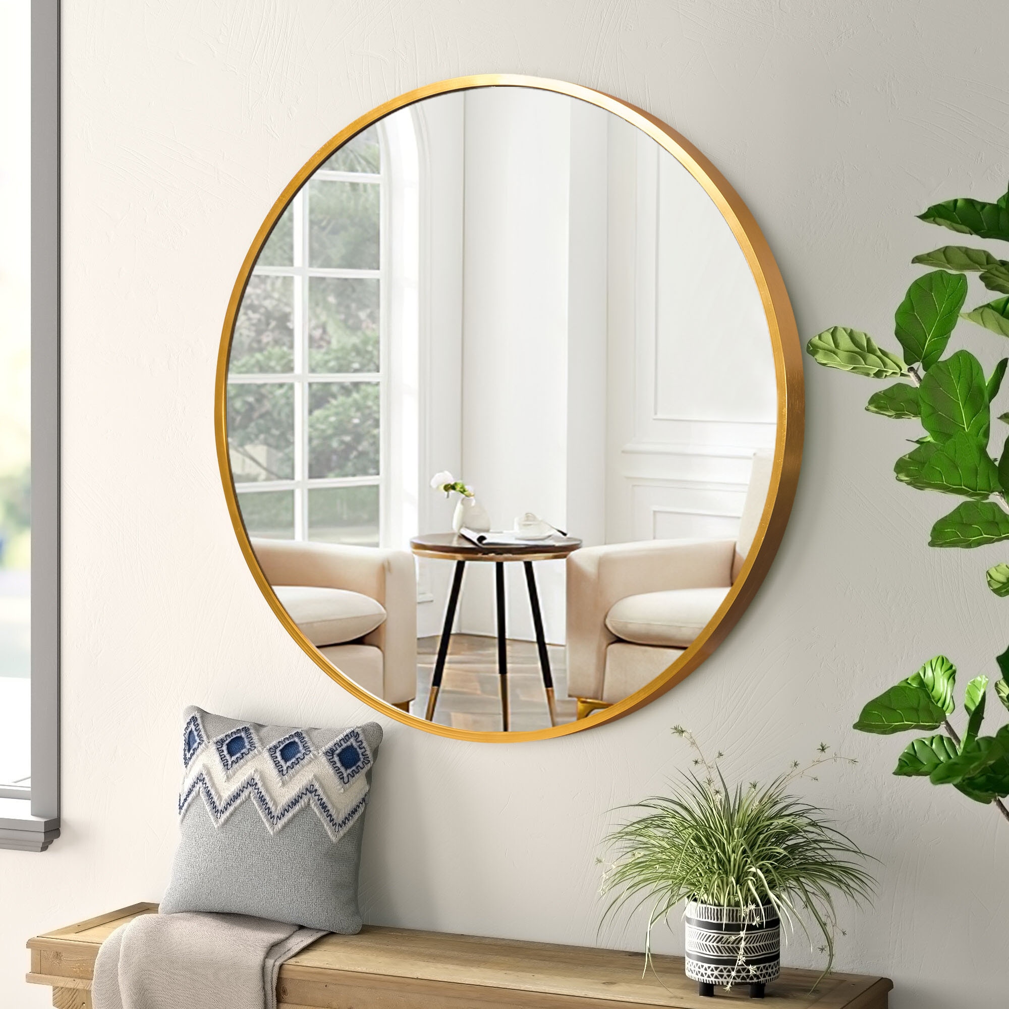 NeuType 31.5-in W x 31.5-in H Round Gold Framed Wall Mirror in the ...