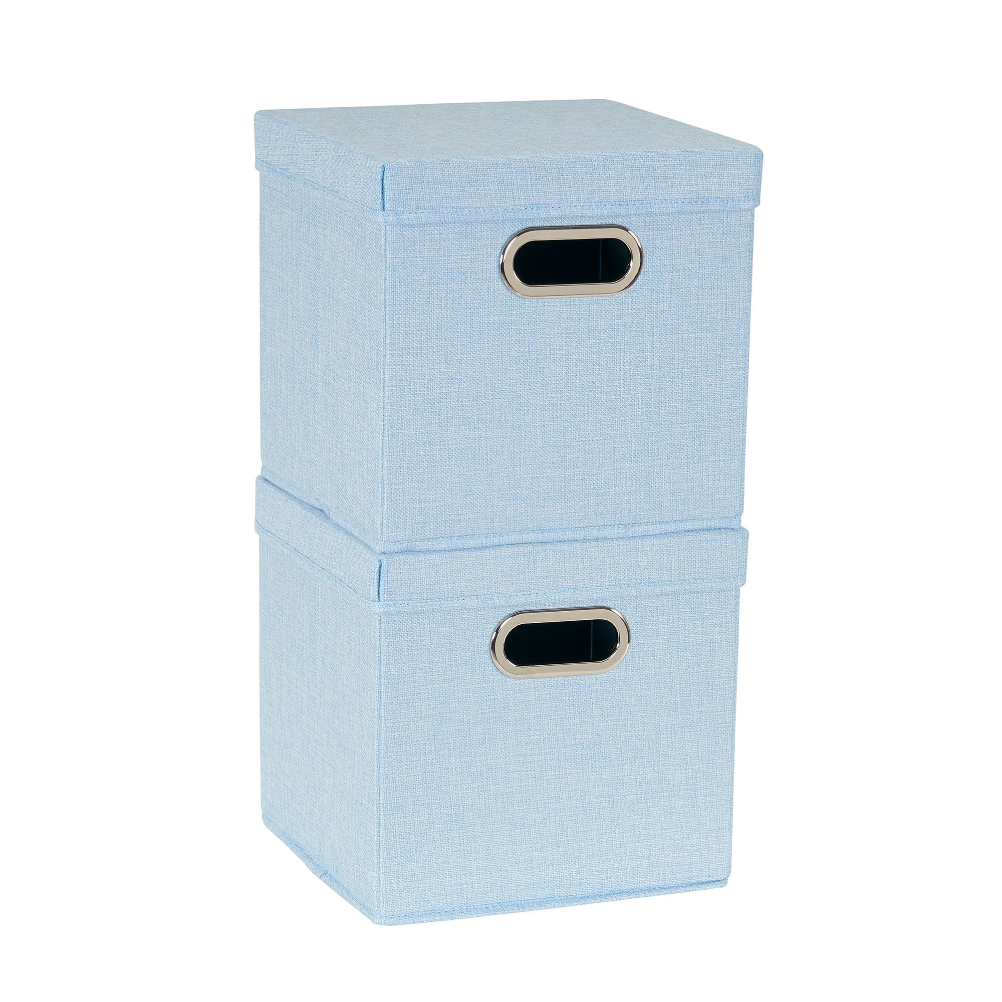 Household Essentials Storage Bins with Lids and Chromed Grommet Handles Set of 2 Light Blue Textured Linen Look Fits Standard Cube Shelves #HH816-1